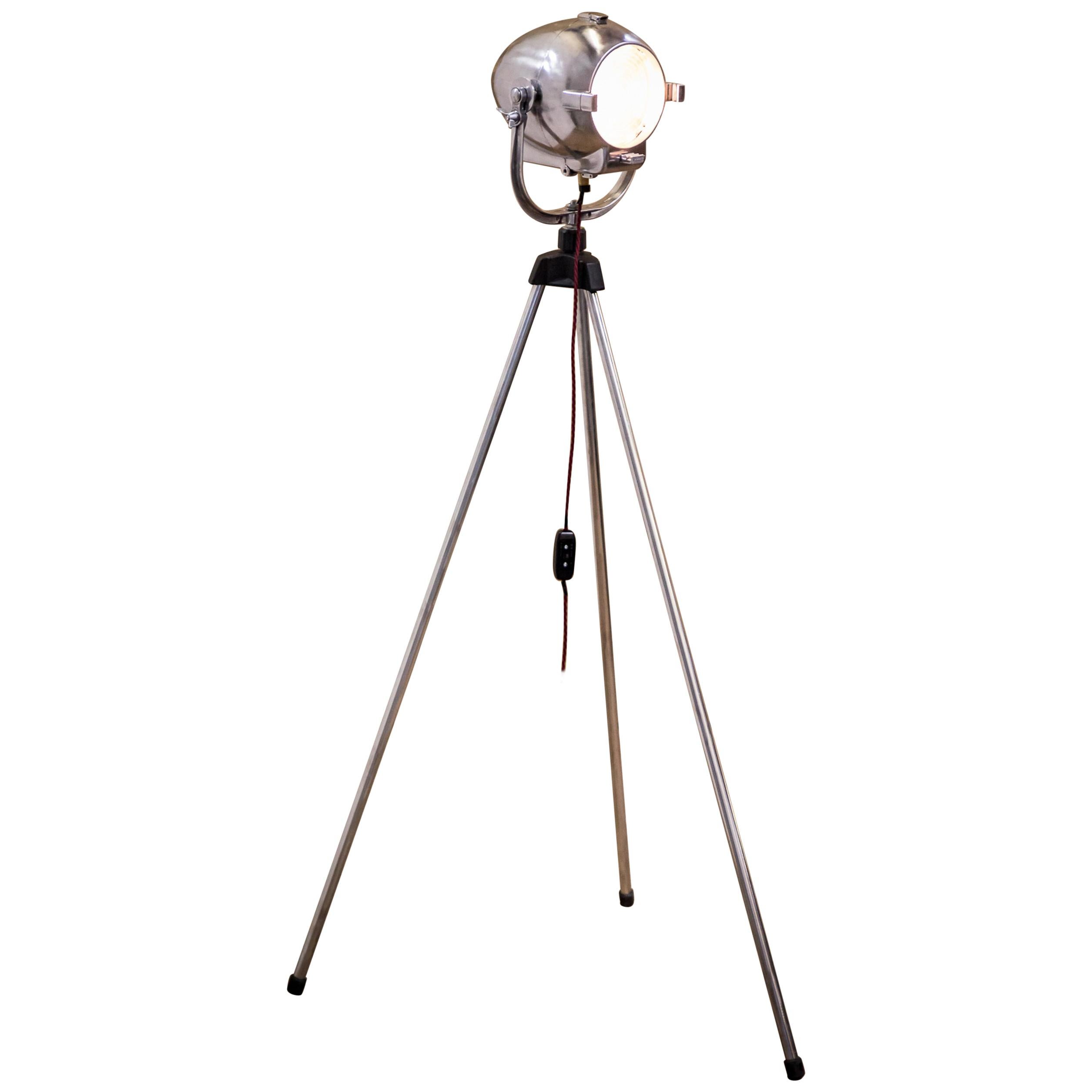 Midcentury Polished Theatre Stage Movie Light on Tripod by Rank Strand Patt.123 For Sale