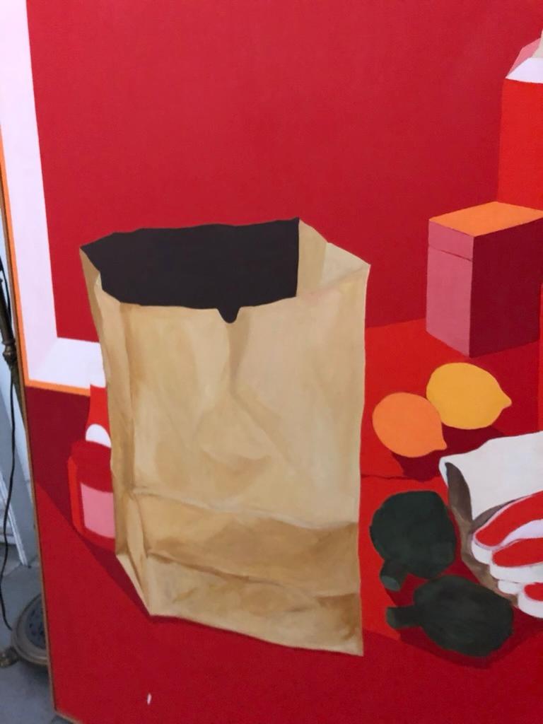 Midcentury Pop Art Oil Still-Life Painting Salvatore Grippi Red Salmon Banana For Sale 1