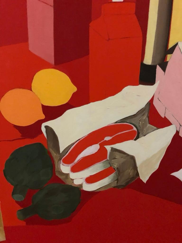 Midcentury Pop Art Oil Still-Life Painting Salvatore Grippi Red Salmon Banana For Sale 2