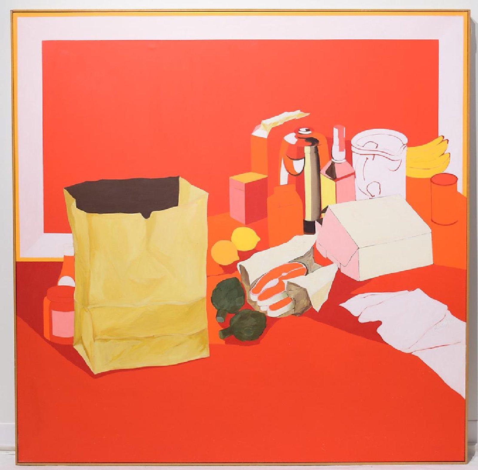 Midcentury Pop Art Oil Still-Life Painting Salvatore Grippi Red Salmon Banana In Fair Condition For Sale In Brooklyn, NY