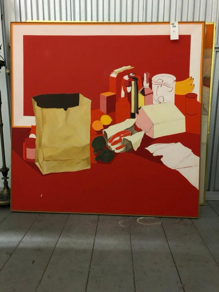 20th Century Midcentury Pop Art Oil Still-Life Painting Salvatore Grippi Red Salmon Banana For Sale
