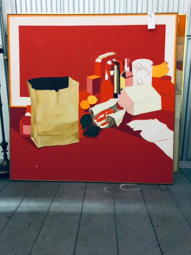 Canvas Midcentury Pop Art Oil Still-Life Painting Salvatore Grippi Red Salmon Banana For Sale