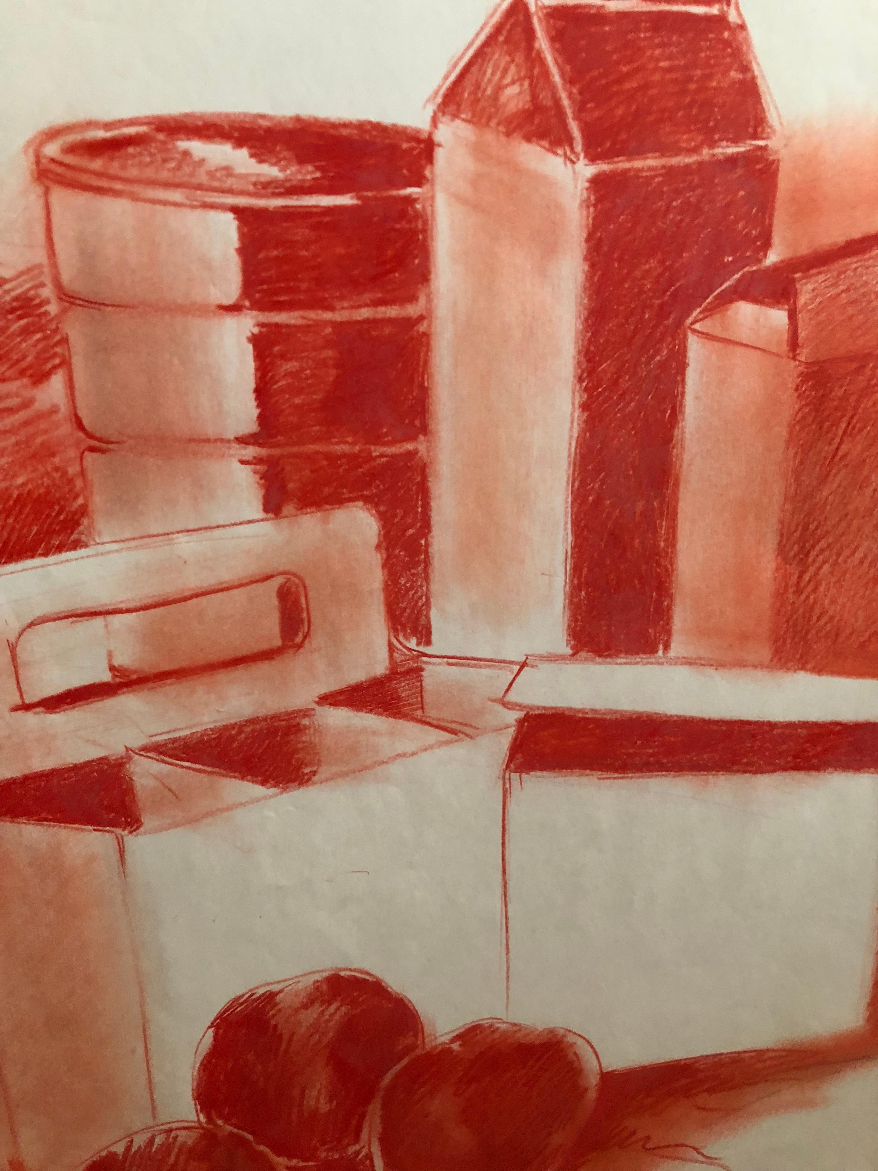Wunderschöne rote monochrome Pop-Art-Stillleben-Zeichnung auf Papier, inmitten der unbetitelten Tisch-Serie des Künstlers, von der ich einige große Leinwände aufgelistet habe. Lassen Sie sich diesen Schatz nicht entgehen!