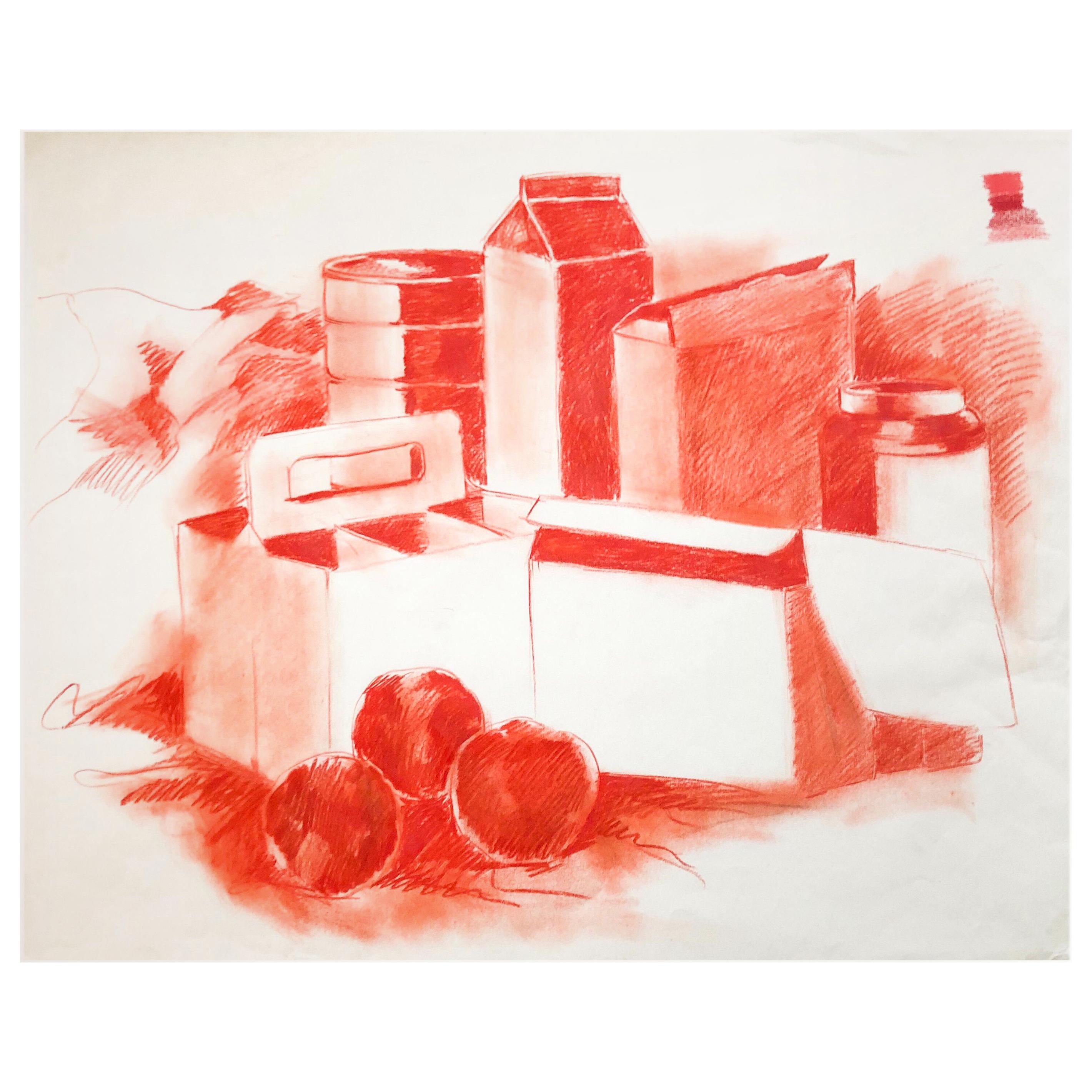 Mid-century Pop Art Red Still Life Drawing Sketch by Salvatore Grippi, 1960s Mod