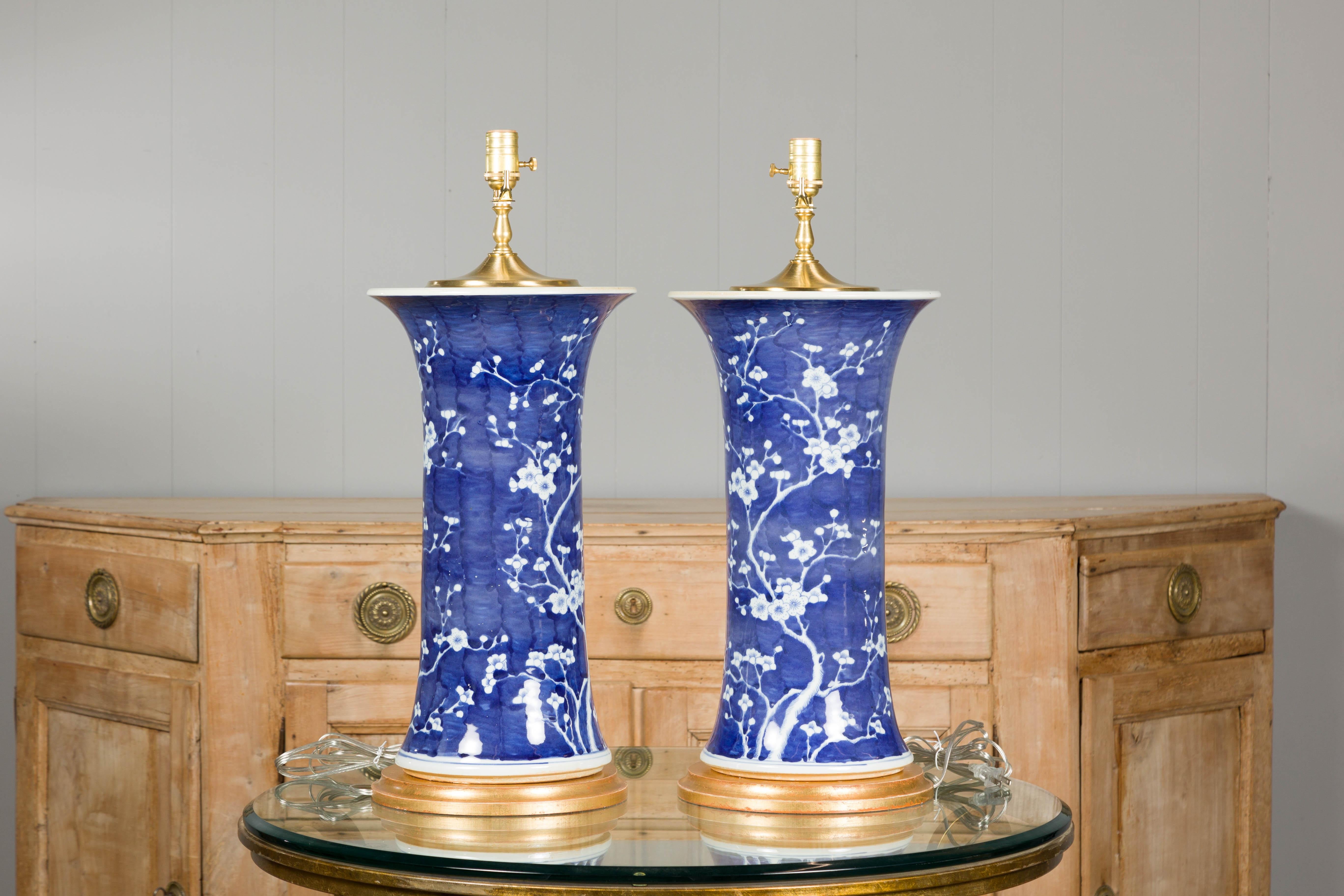 Midcentury Porcelain Blue and White Table Lamps with Blooming Trees, a Pair For Sale 9