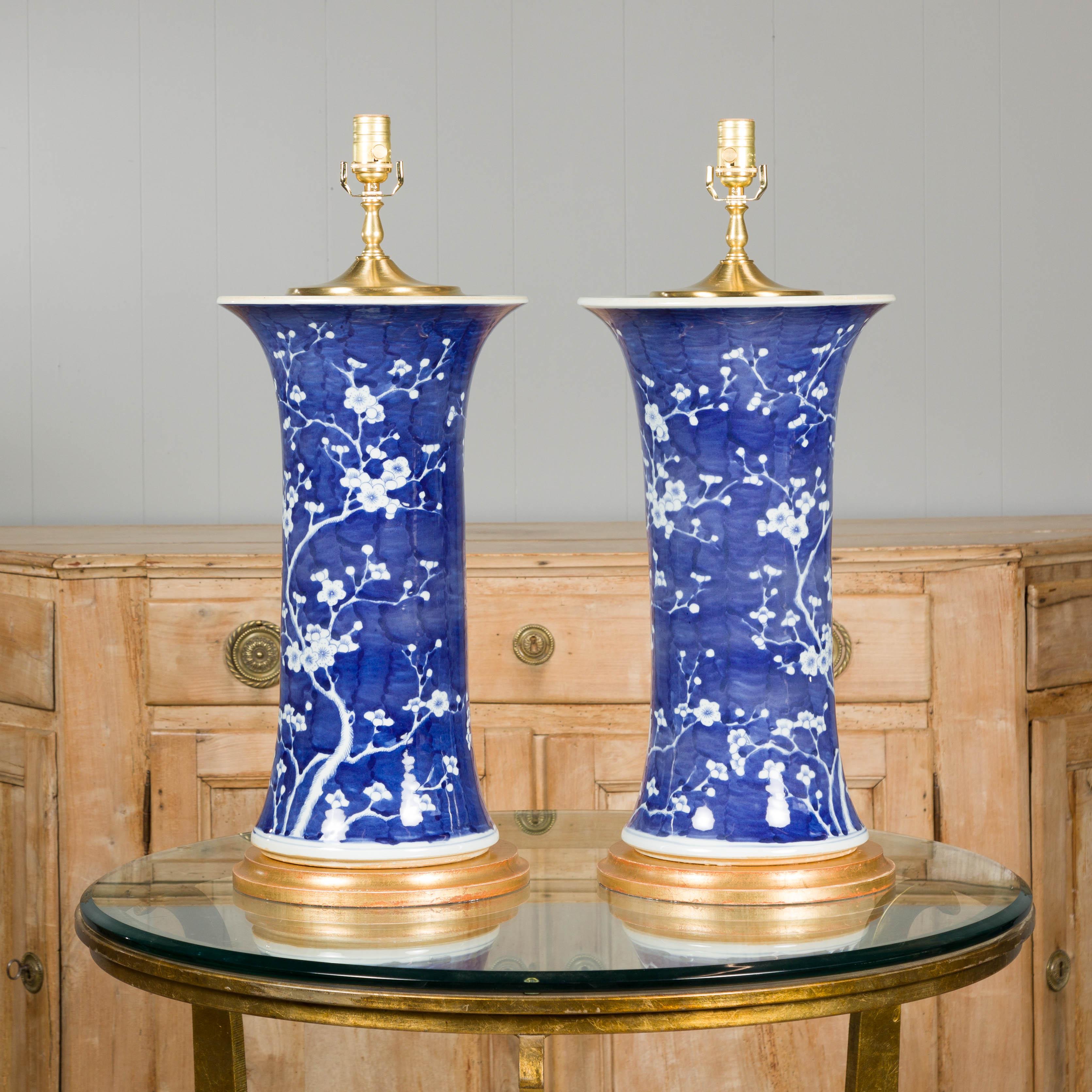 Asian Midcentury Porcelain Blue and White Table Lamps with Blooming Trees, a Pair For Sale