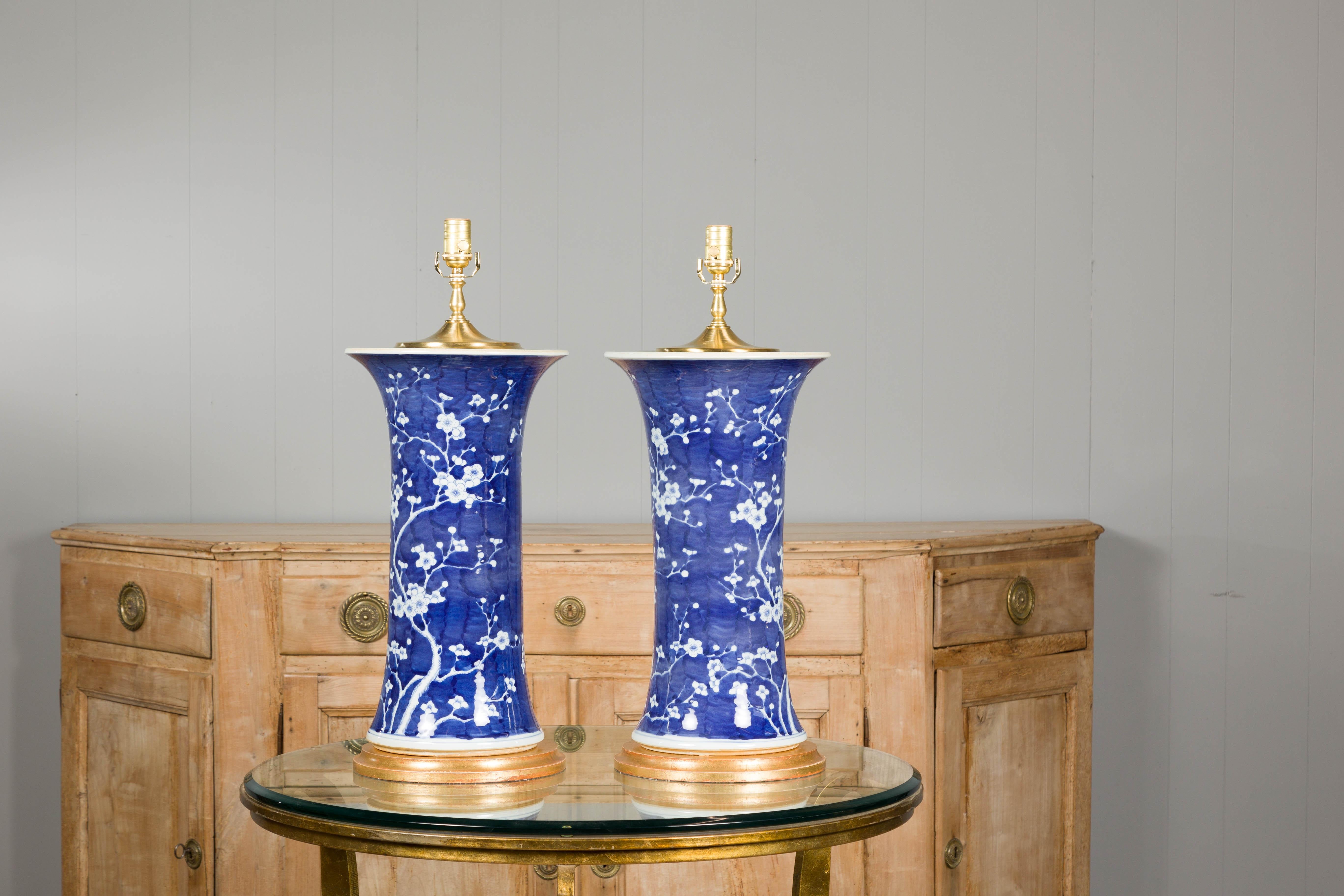 Painted Midcentury Porcelain Blue and White Table Lamps with Blooming Trees, a Pair For Sale