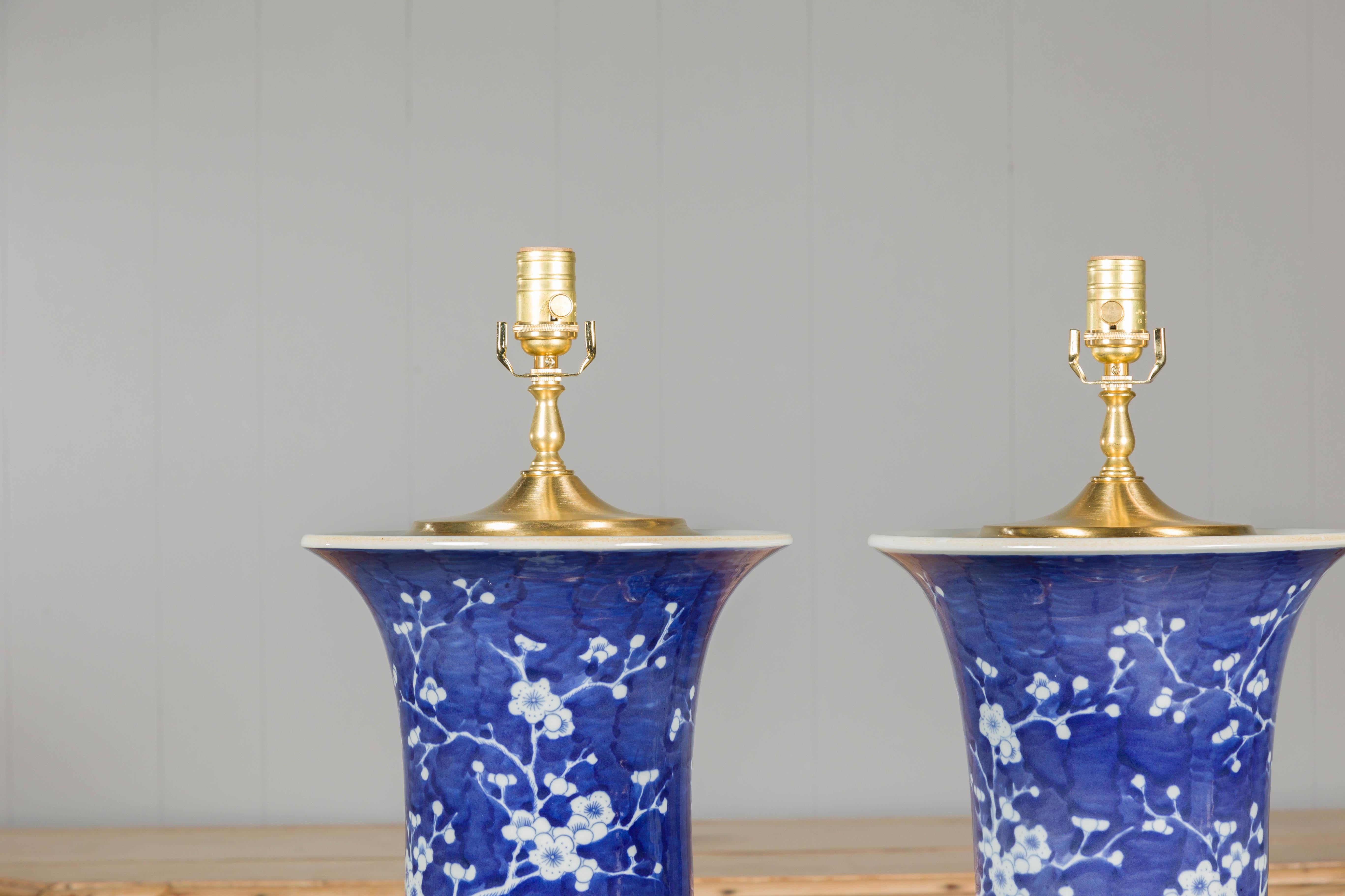 20th Century Midcentury Porcelain Blue and White Table Lamps with Blooming Trees, a Pair For Sale