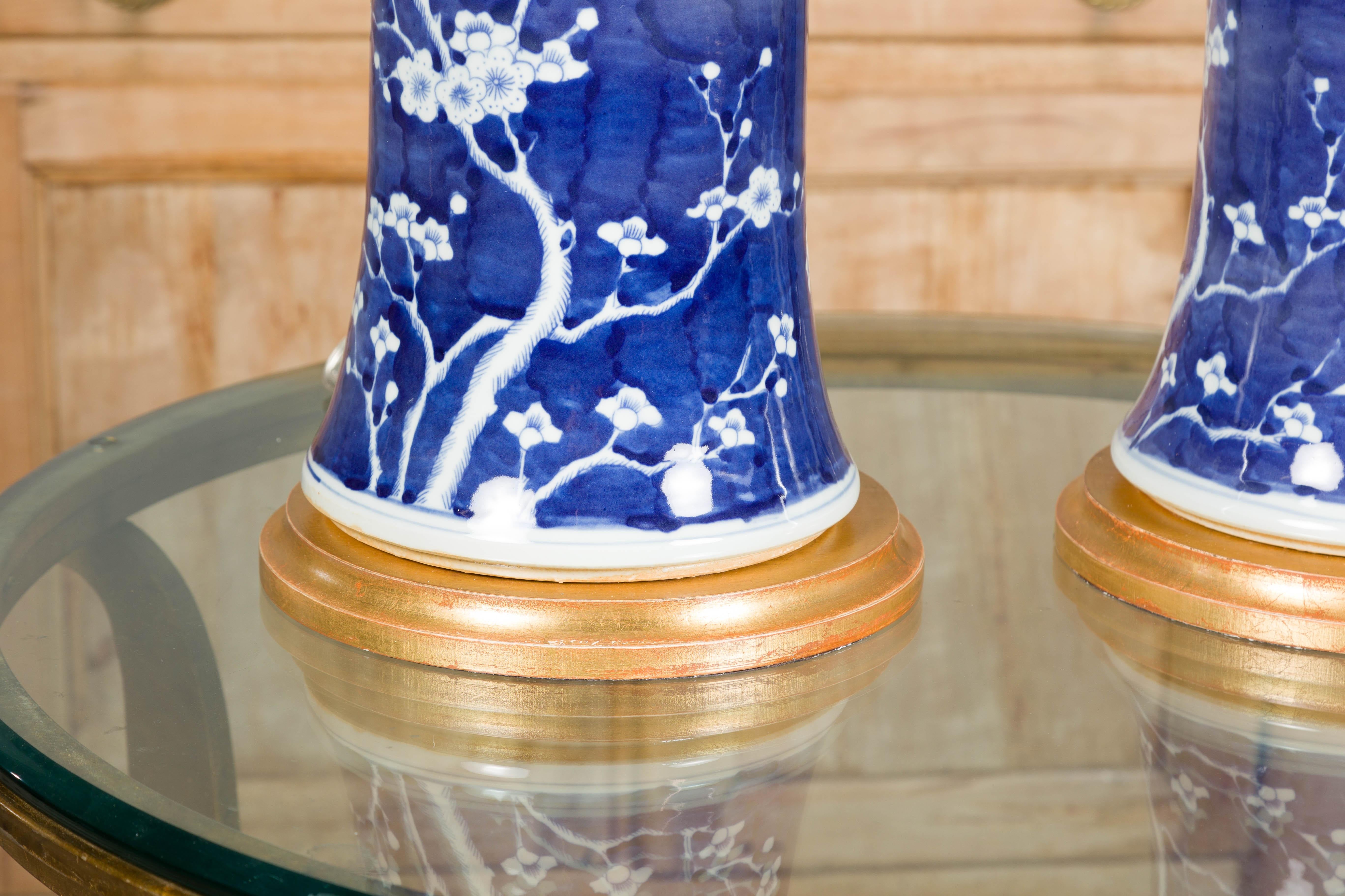 Midcentury Porcelain Blue and White Table Lamps with Blooming Trees, a Pair For Sale 3