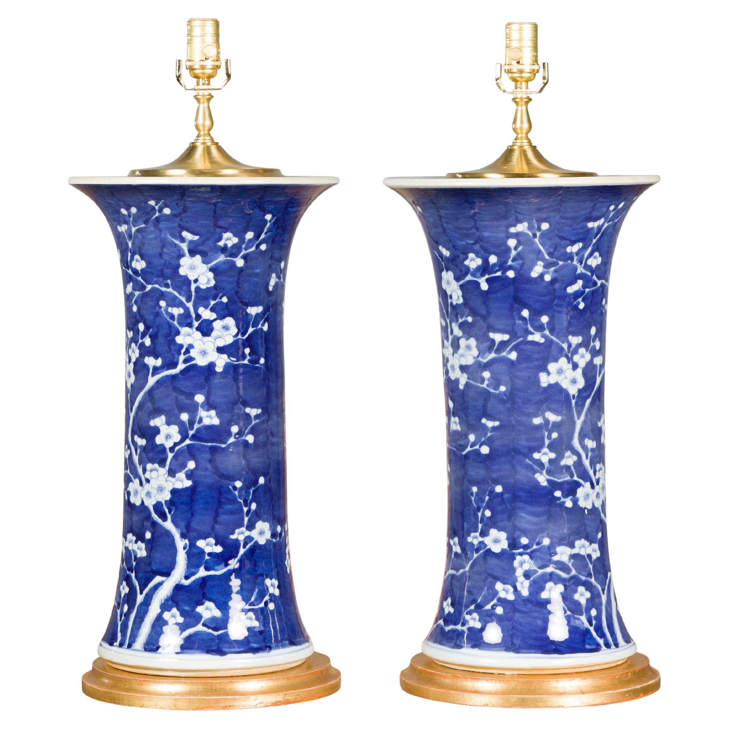 Midcentury Porcelain Blue and White Table Lamps with Blooming Trees, a Pair For Sale