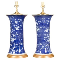 Vintage Midcentury Porcelain Blue and White Table Lamps with Blooming Trees, a Pair