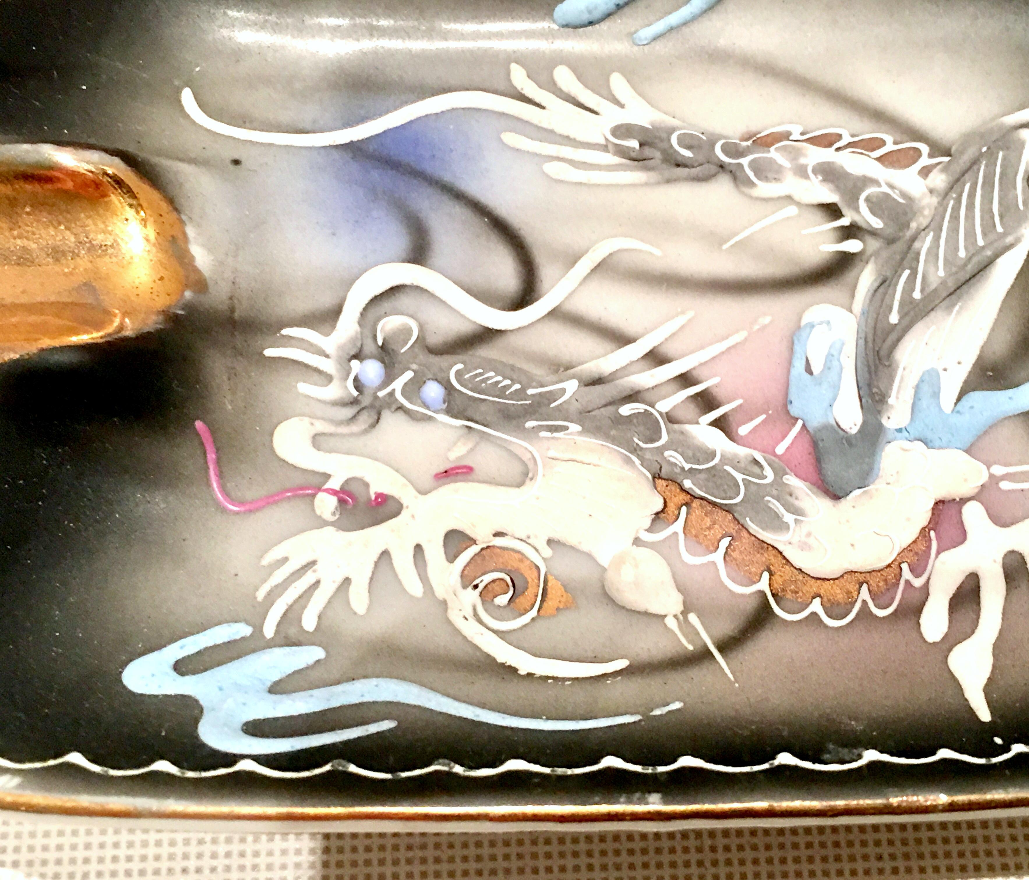 Midcentury Porcelain Hand-Painted Dragonware Smoking S/3 3