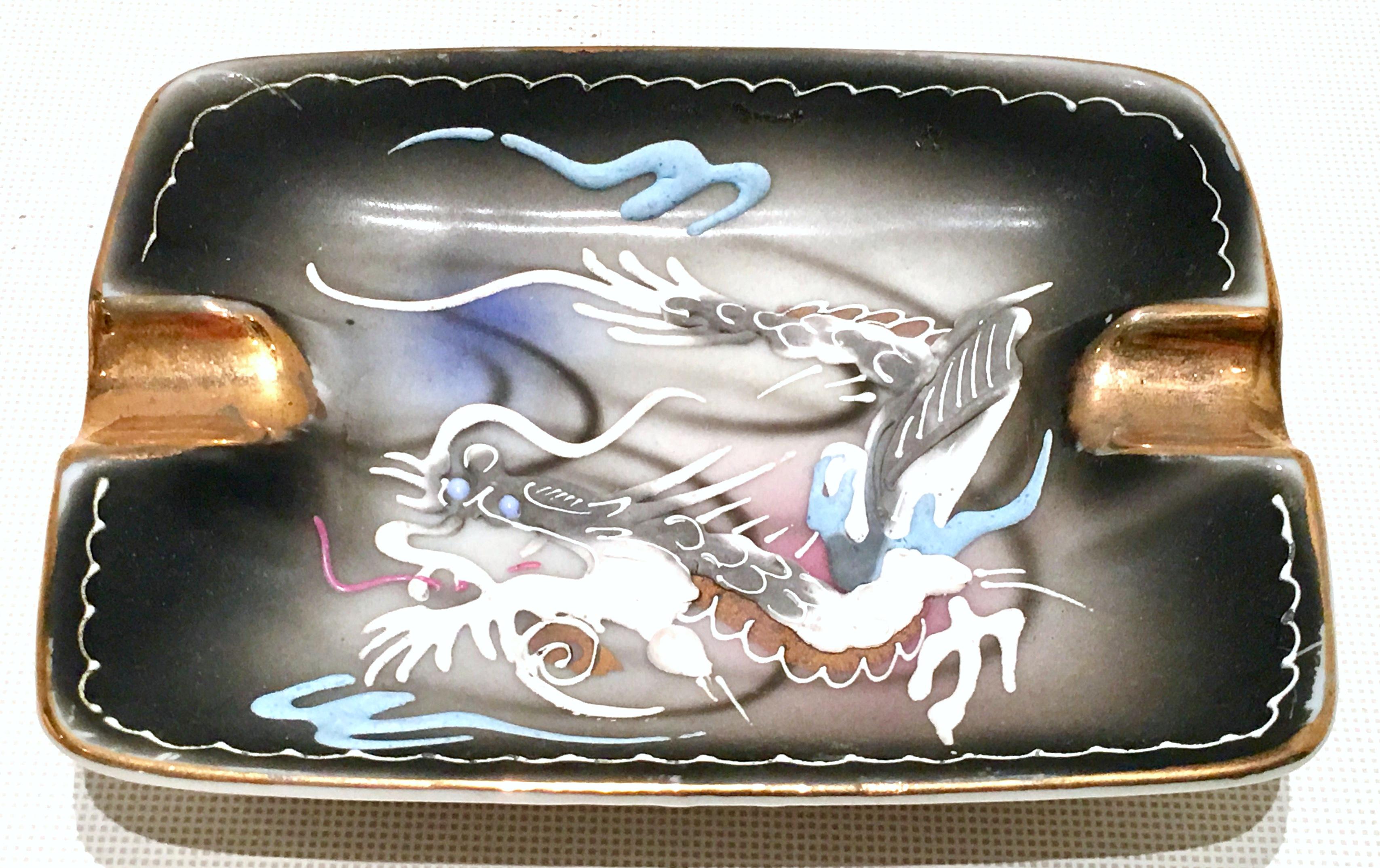 Midcentury Porcelain Hand-Painted Dragonware Smoking S/3 1