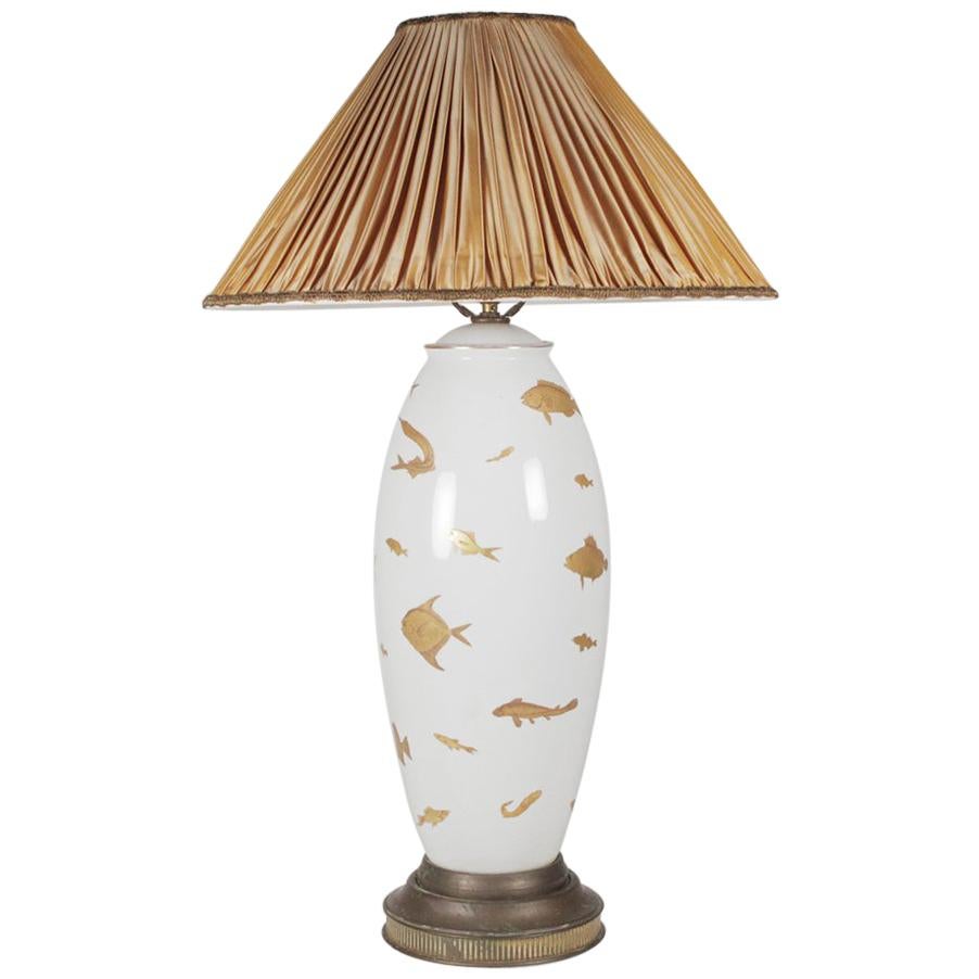 Midcentury Porcelain Hand-Painted Table Lamp with Gilt Painted Fish