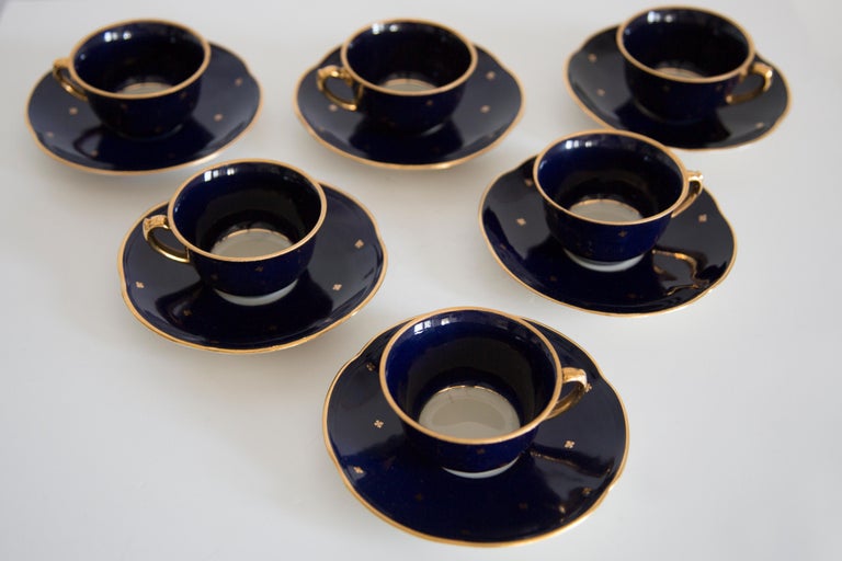 Midcentury Porcelain Navy Blue Tea Coffee Service Jug and Cups, Poland, 1960  For Sale at 1stDibs