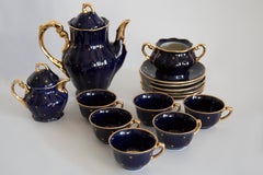 Midcentury Porcelain Navy Blue Tea Coffee Service Jug and Cups, Poland, 1960