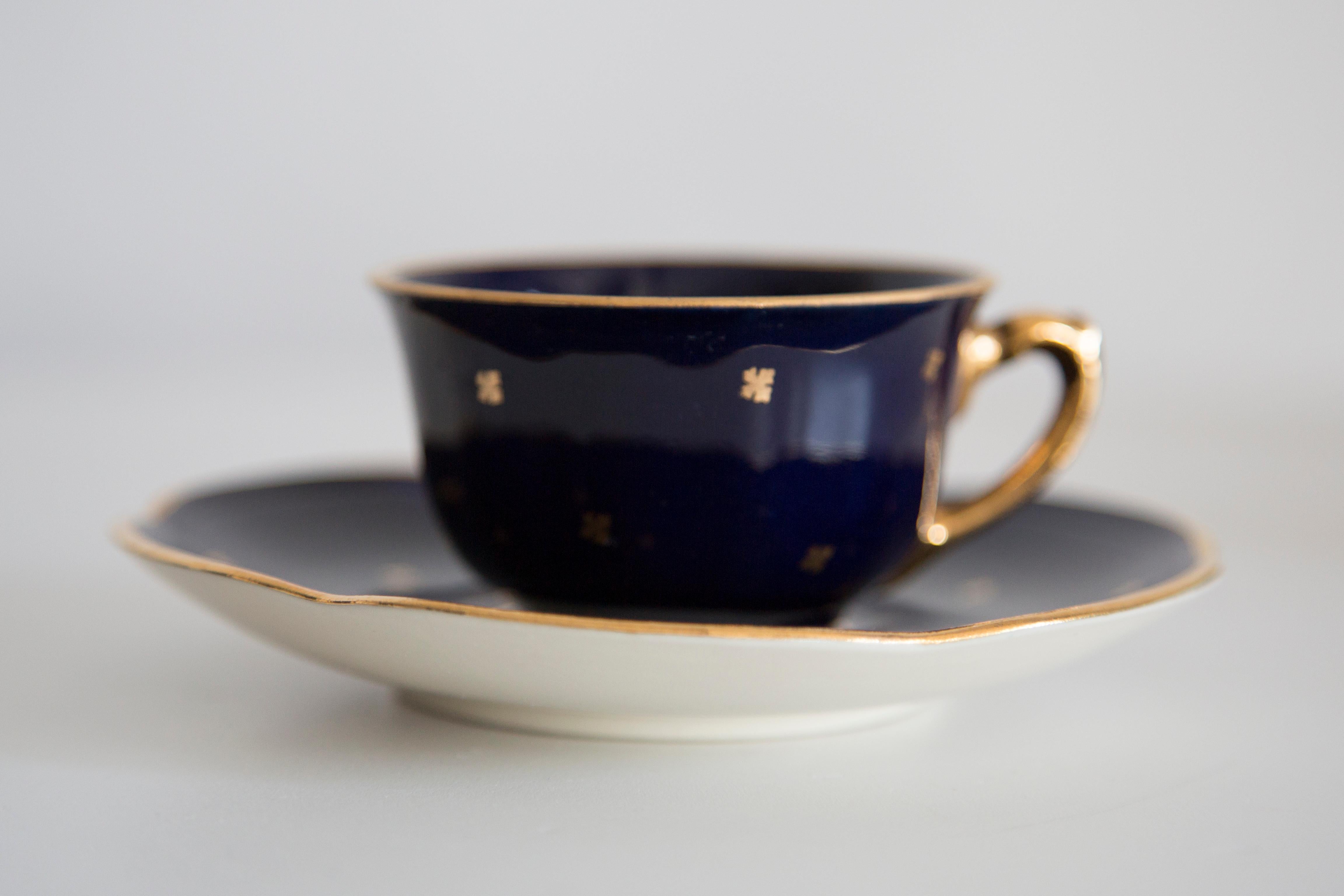 Enamel Midcentury Porcelain Navy Blue Tea Coffee Service Jug and Cups, Poland, 1960 For Sale