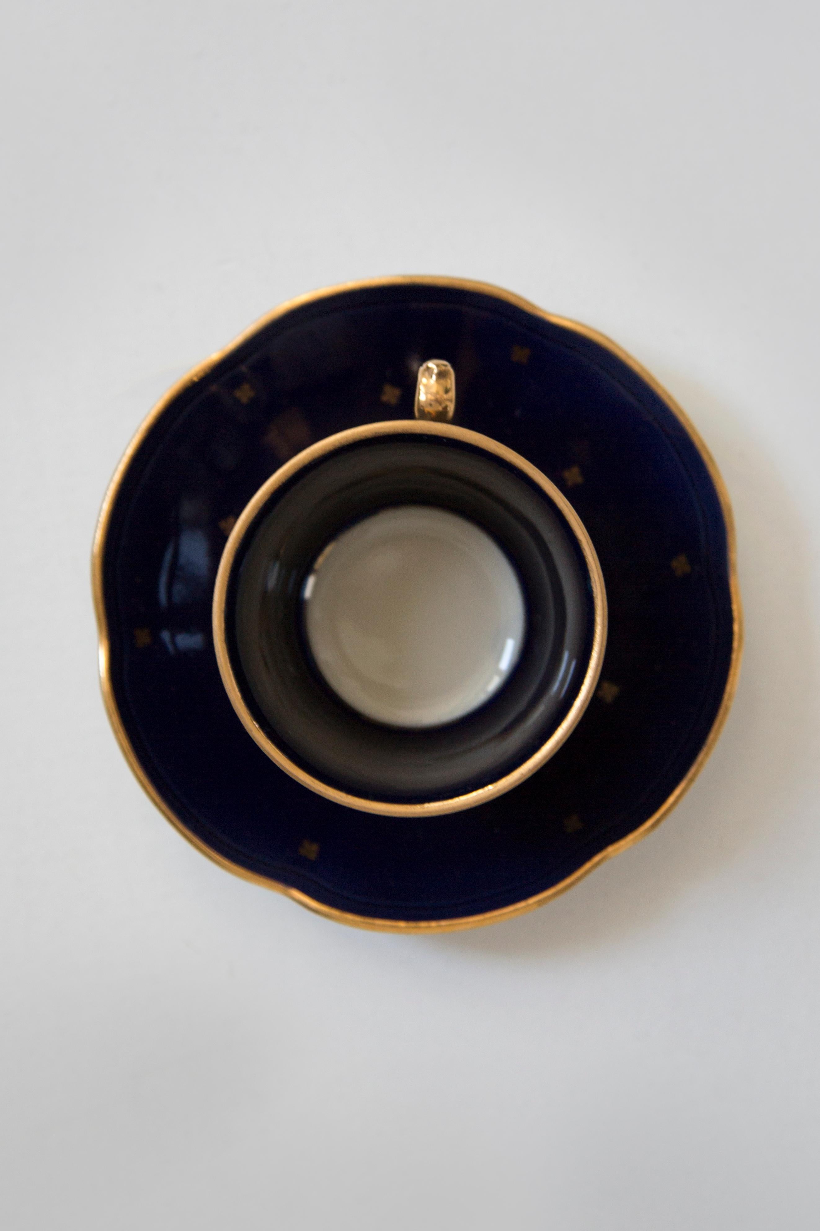 Midcentury Porcelain Navy Blue Tea Coffee Service Jug and Cups, Poland, 1960 For Sale 2