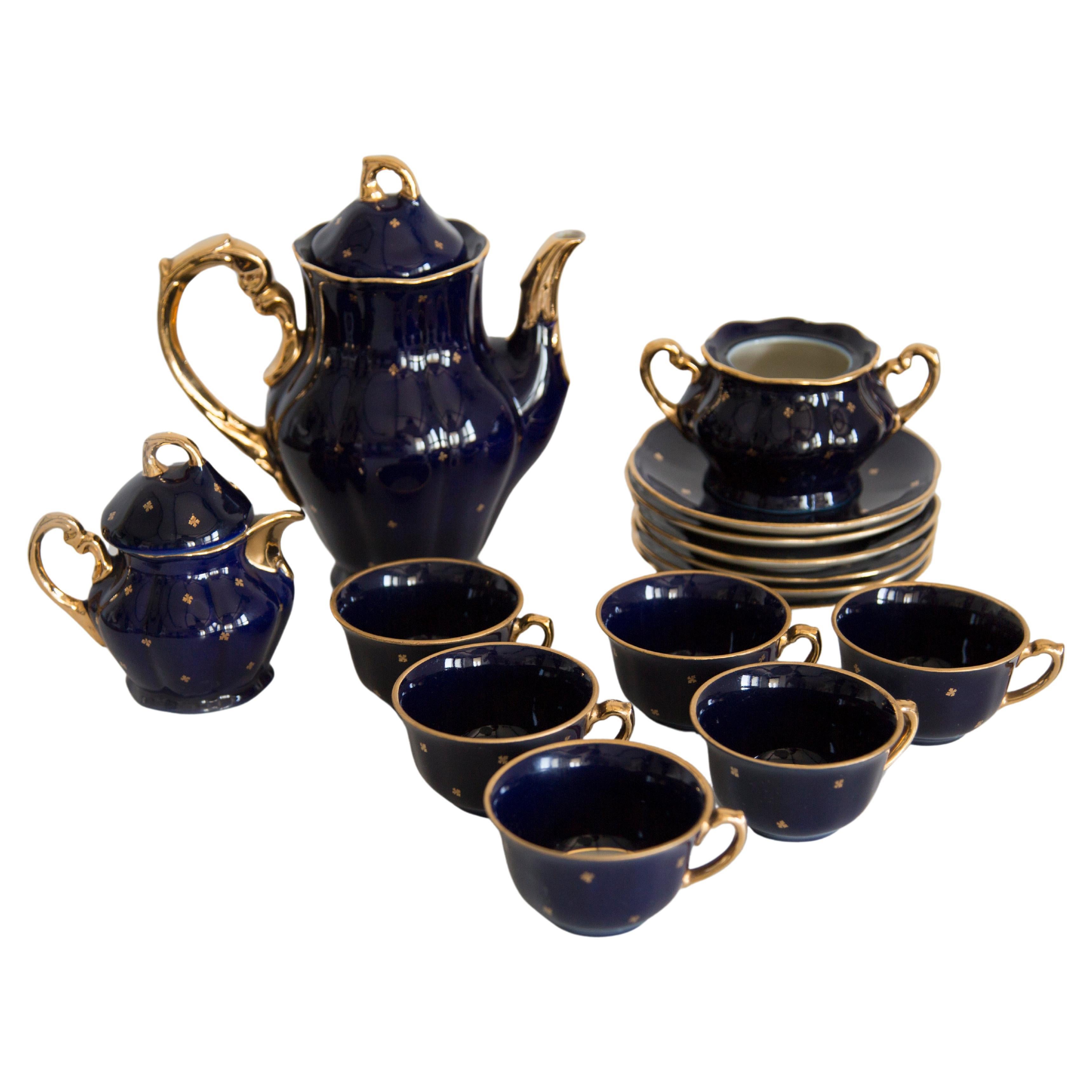 Midcentury Porcelain Navy Blue Tea Coffee Service Jug and Cups, Poland, 1960