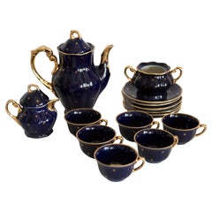 Vintage Midcentury Porcelain Navy Blue Tea Coffee Service Jug and Cups, Poland, 1960