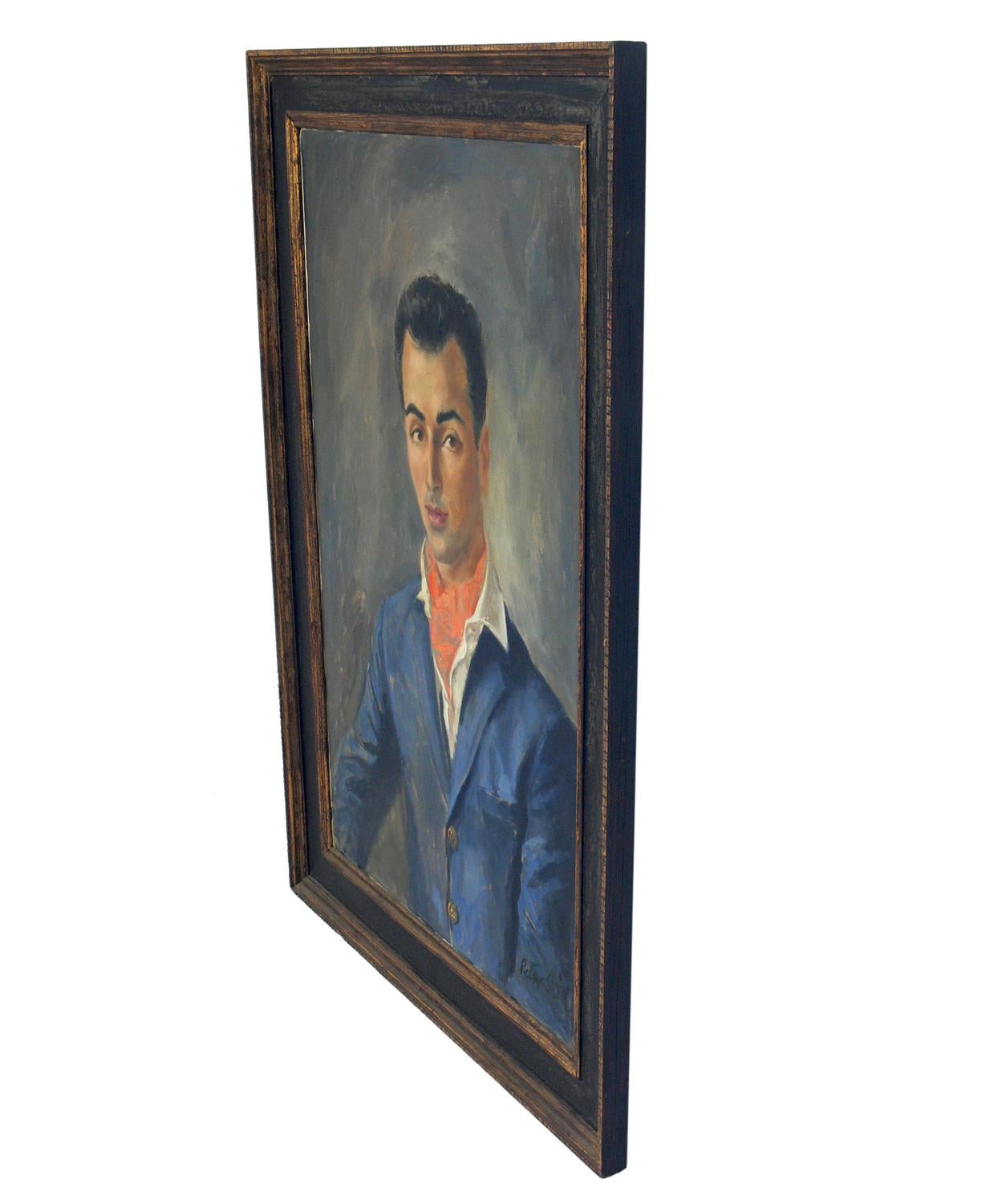 Midcentury portrait of a Dapper Dandy by Peter Sheil, American, circa 1950s. Sheil's work is in the collections of several museums, including the Victoria and Albert Museum.
This work retains its original painted and giltwood frame.