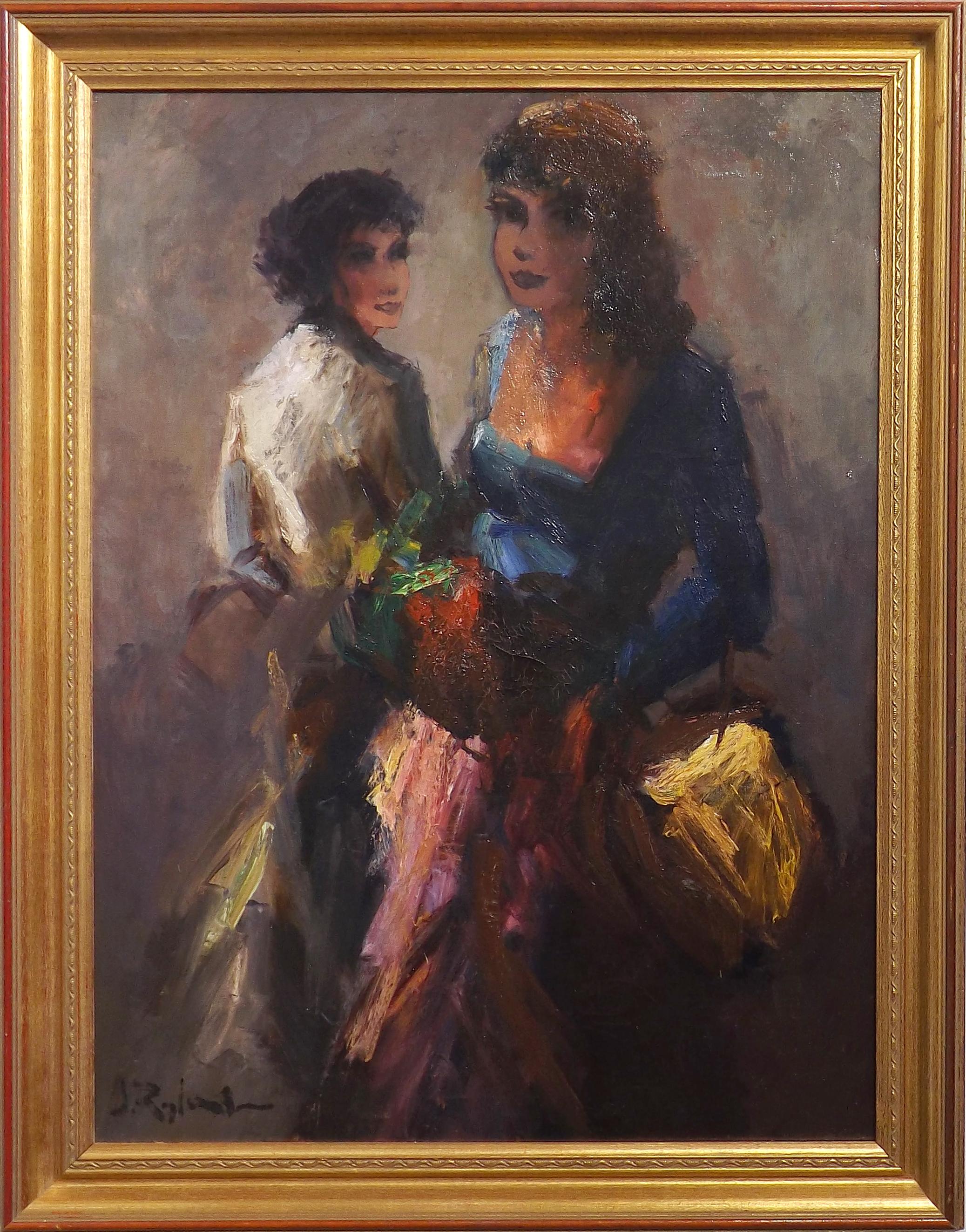 A wonderful portrait of two women painted by Jan Rijlaarsdam, one of whom is carrying a bouquet of flowers. Painted in a midcentury / 1960s French style, with wonderful bright colors. Jan Riijlaarsdam was born in The Netherlands in 1911 and was a