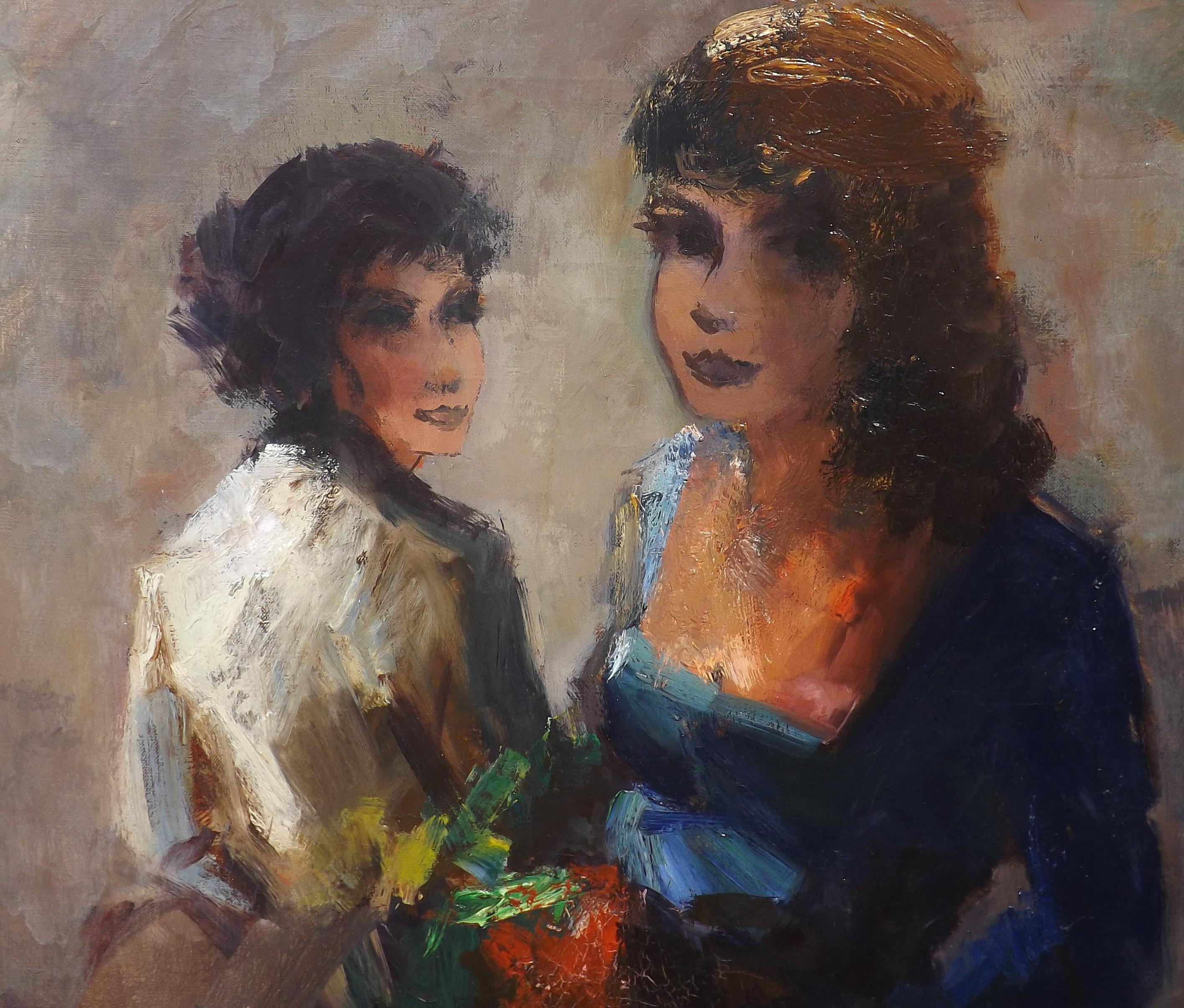 Midcentury Portrait of Two Women by Dutch Painter Jan Rijlaarsdam In Good Condition For Sale In Charlevoix, MI