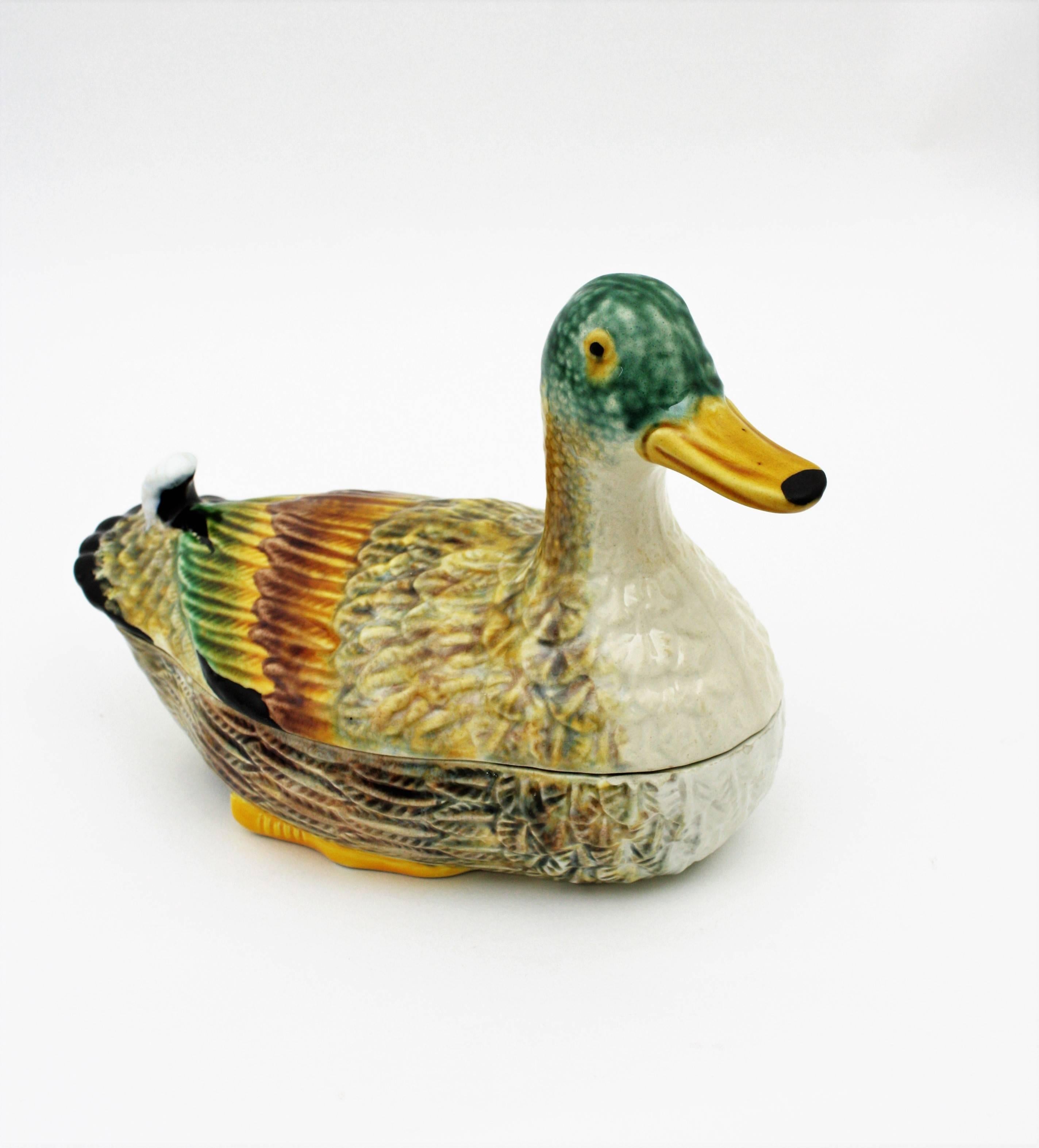 Mid-Century Modern Majolica Ceramic Duck Tureen, Portugal, 1960s For Sale