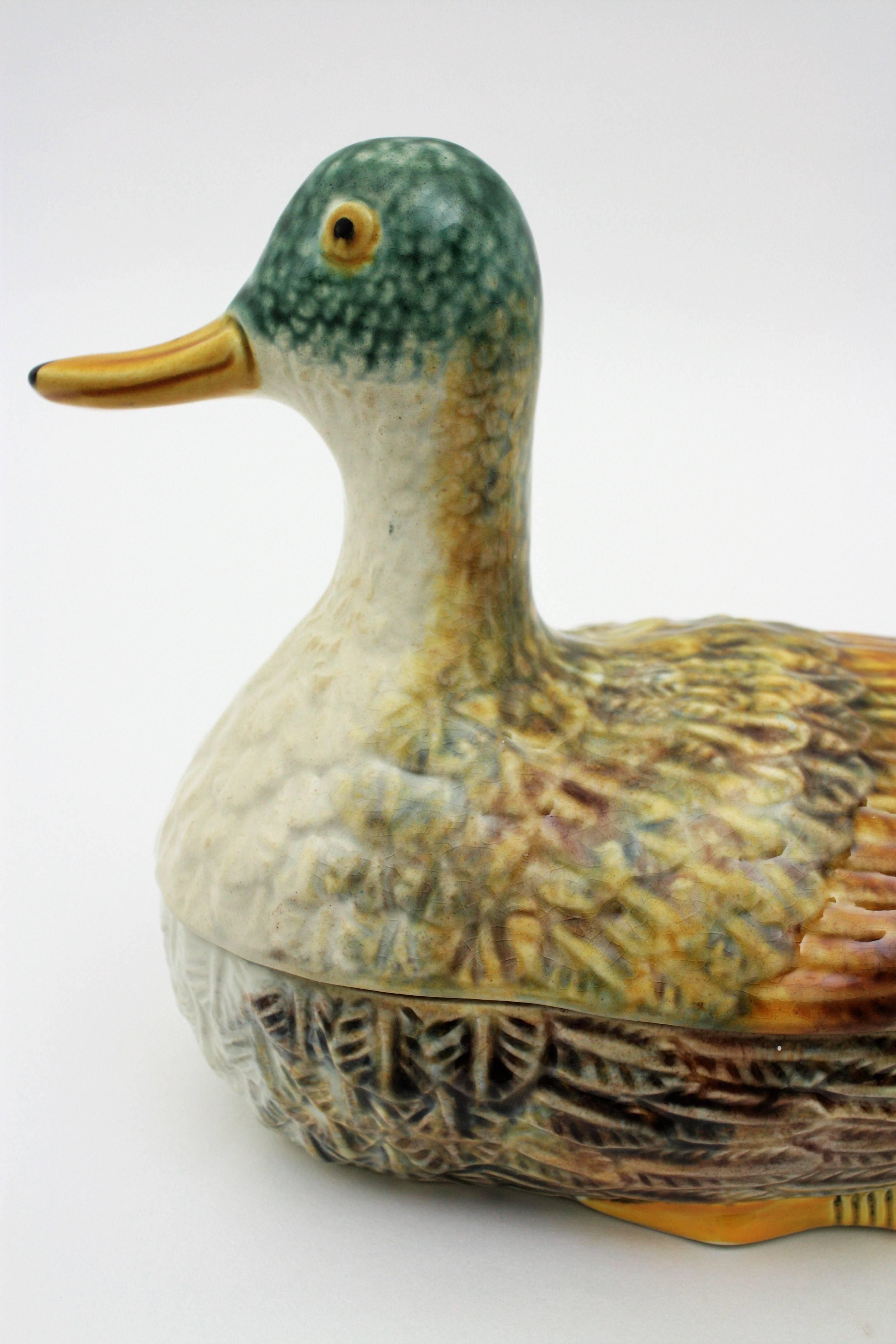 Glazed Majolica Ceramic Duck Tureen, Portugal, 1960s For Sale
