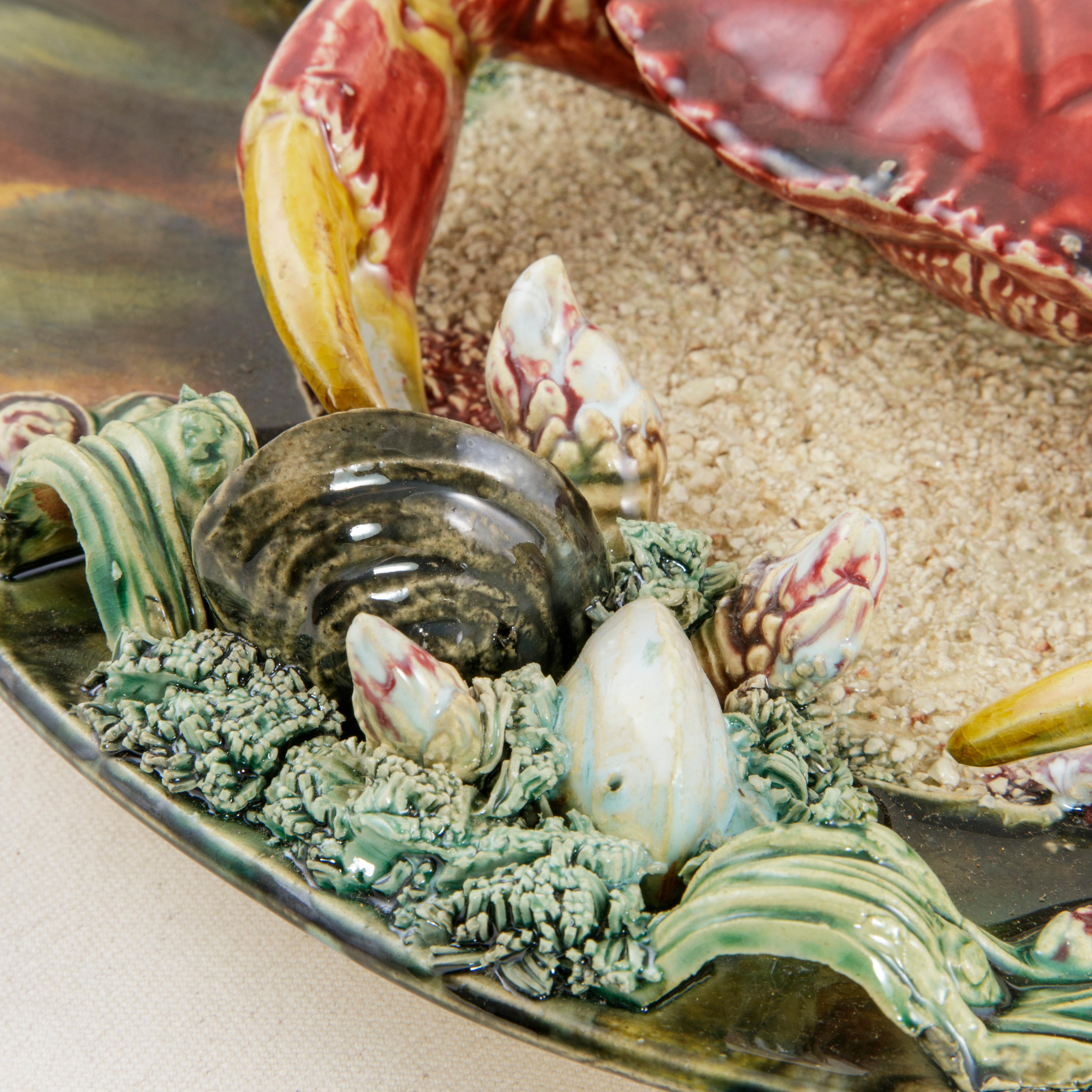Midcentury Portuguese Majolica Palissy Style Plate with Crab Jose Alvaro Caldas In Good Condition In Fayetteville, AR