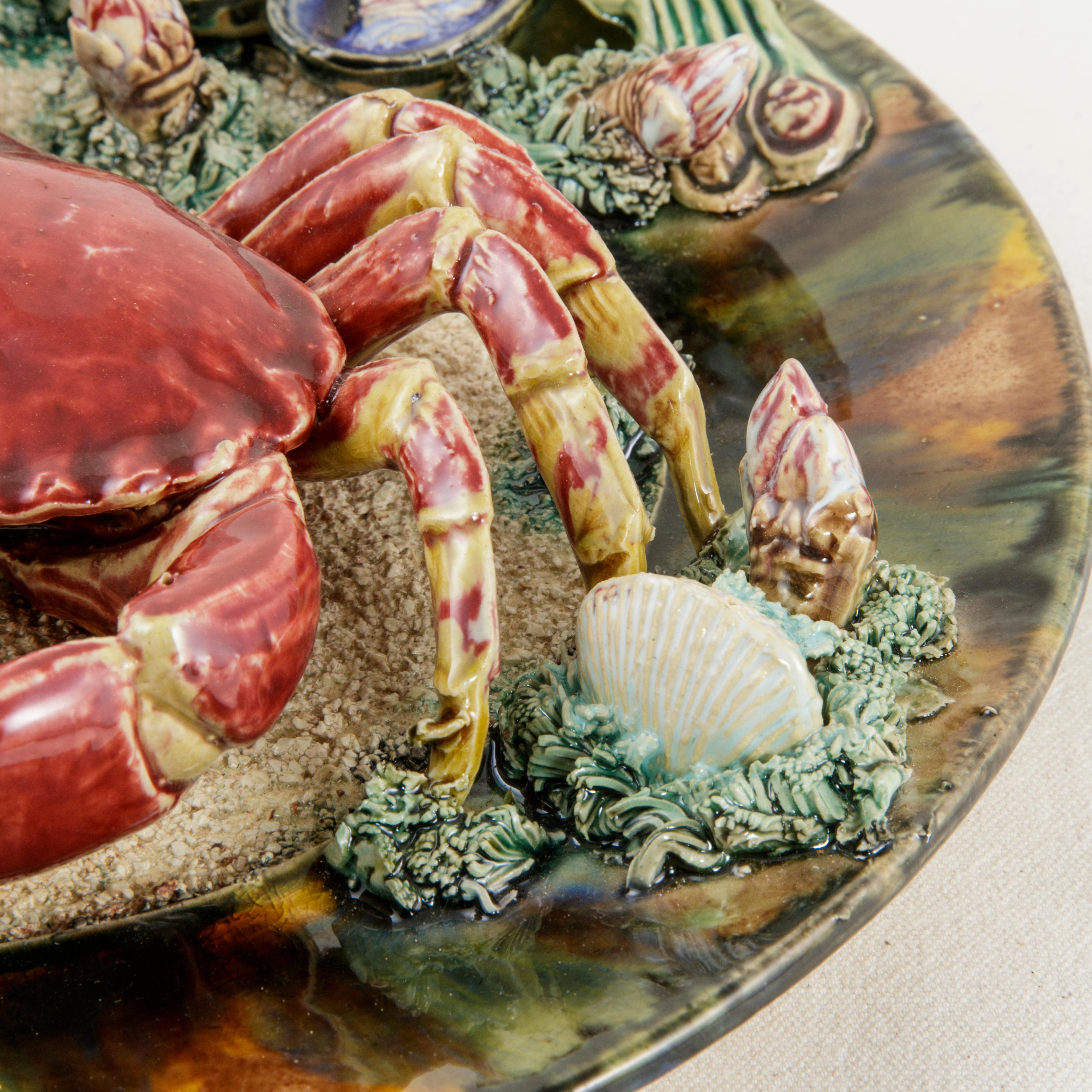 Ceramic Midcentury Portuguese Majolica Palissy Style Plate with Crab Jose Alvaro Caldas