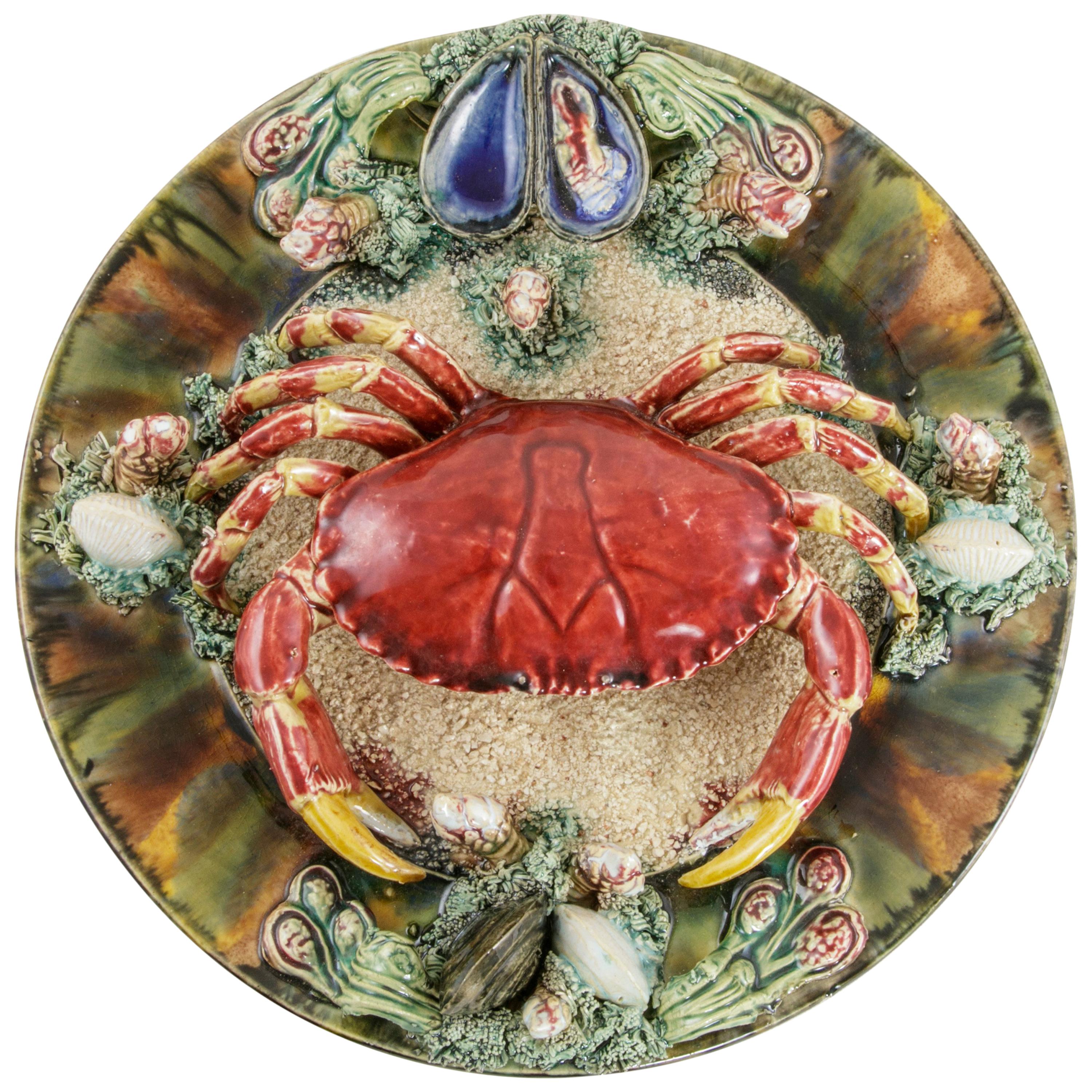 Midcentury Portuguese Majolica Palissy Style Plate with Crab Jose Alvaro Caldas