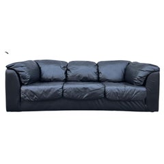 Midcentury Post Modern 3 Seat Black Leather Puffy Sofa, circa 1980