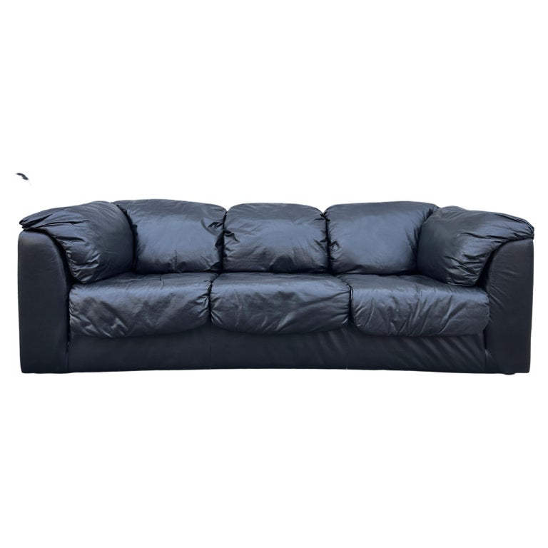 Midcentury Post Modern 3 Seat Black Leather Puffy Sofa, circa 1980 For Sale  at 1stDibs