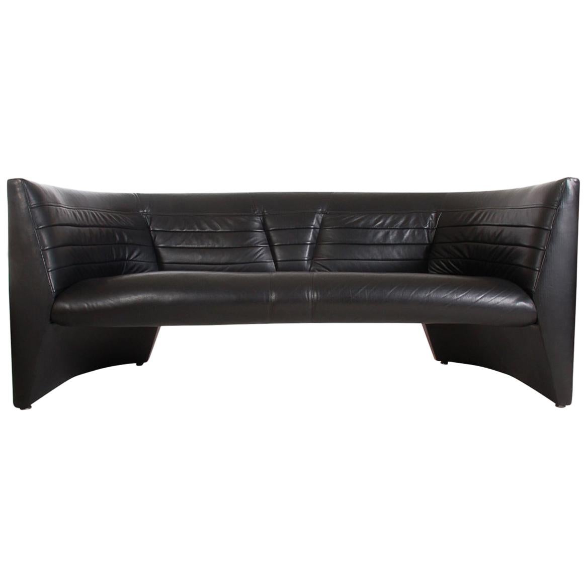 Midcentury Postmodern Black Leather Sofa / Loveseat by Helikon in Art Deco Form