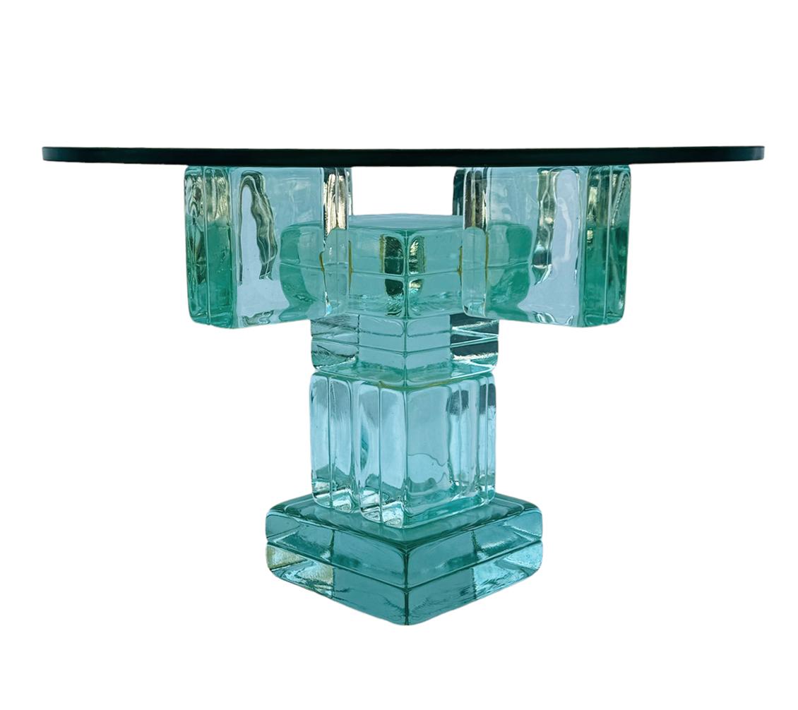 Late 20th Century Midcentury Postmodern Clear Glass Block End Table or Side Table after Sottsass For Sale