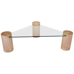 Midcentury Postmodern Triangular Lucite and Glass Cocktail Table with Pedestals