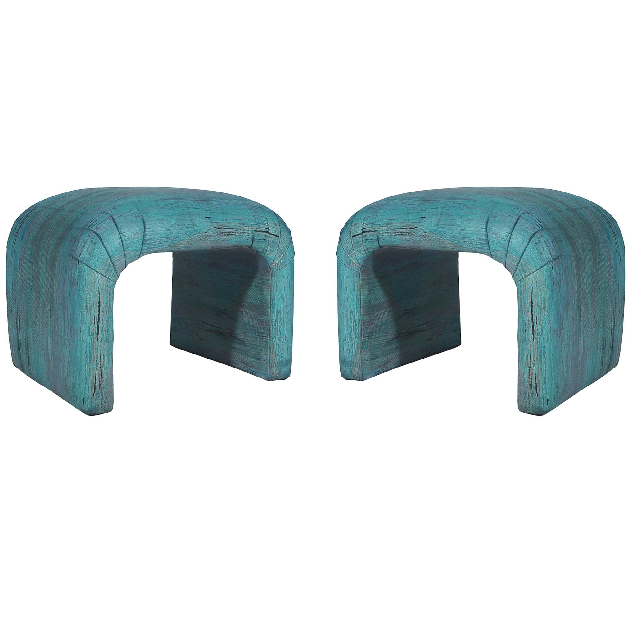 Midcentury Postmodern Waterfall Upholstered Bench Set or Poufs