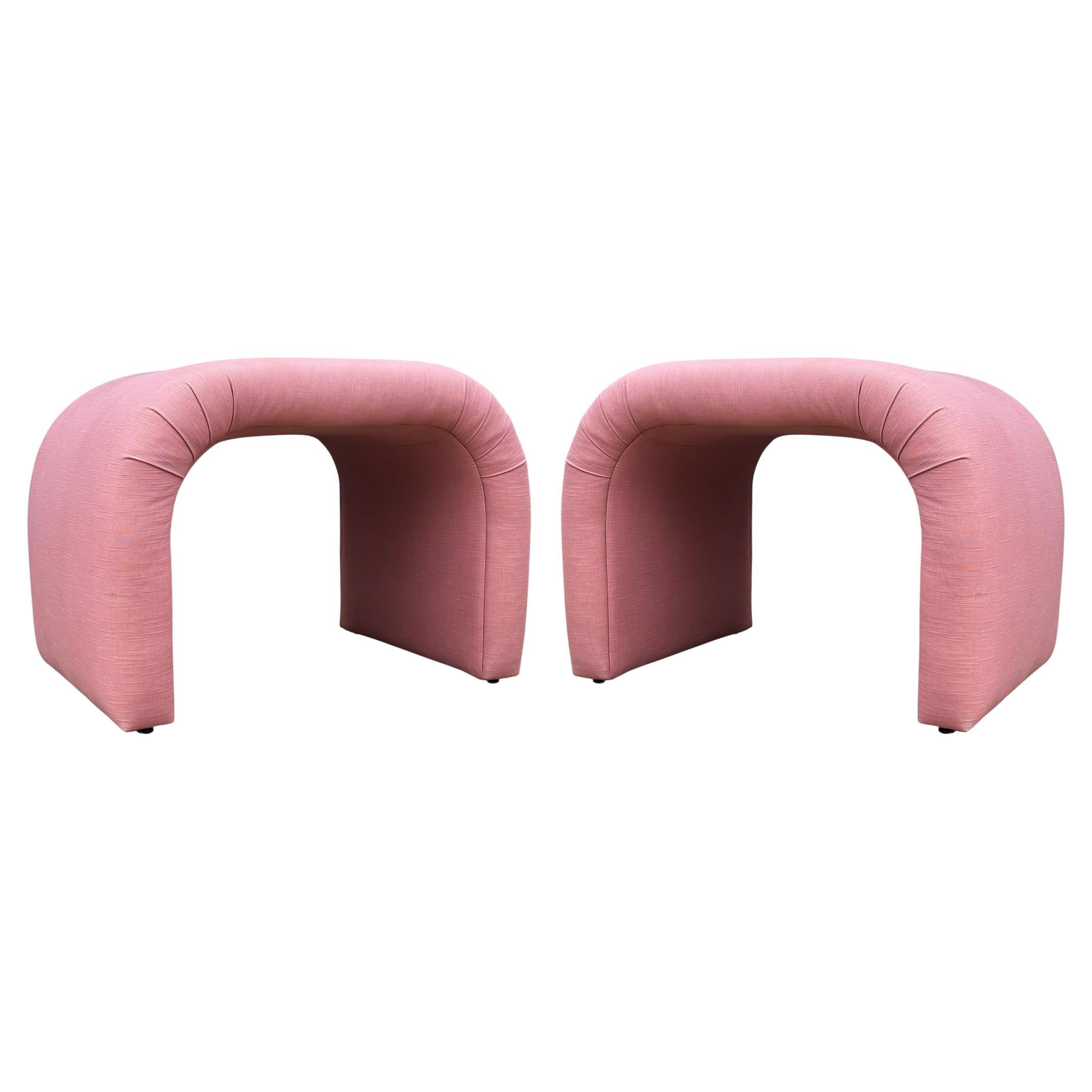Midcentury Postmodern Waterfall Upholstered Bench Set, Ottomans or Poufs in Pink