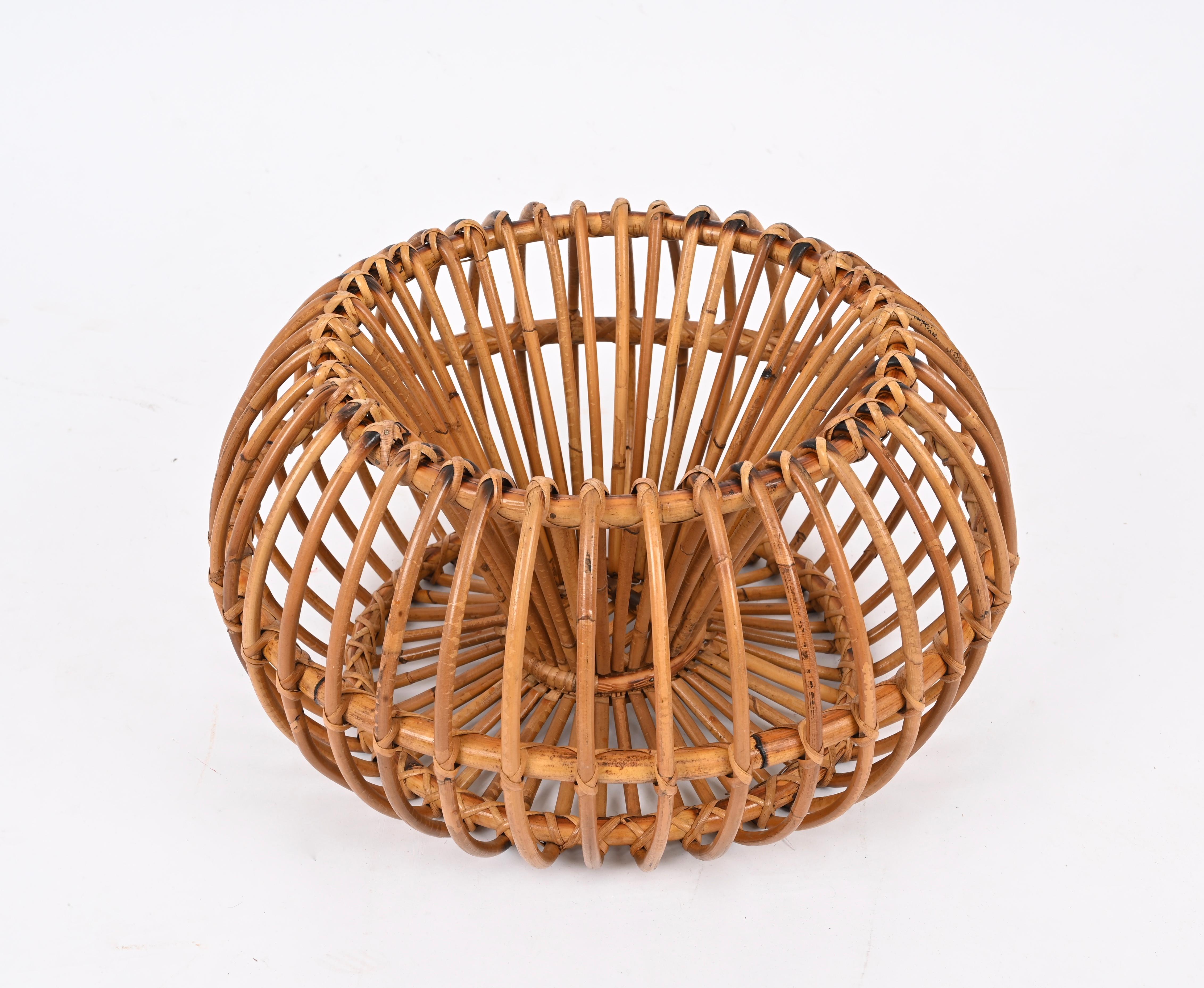 Midcentury Pouf Ottoman by J. Abraham, Curved Rattan and Boucle Fabric, 1950s For Sale 3