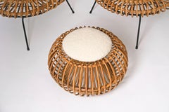Midcentury Pouf Ottoman by J. Abraham, Curved Rattan and Boucle Fabric, 1950s