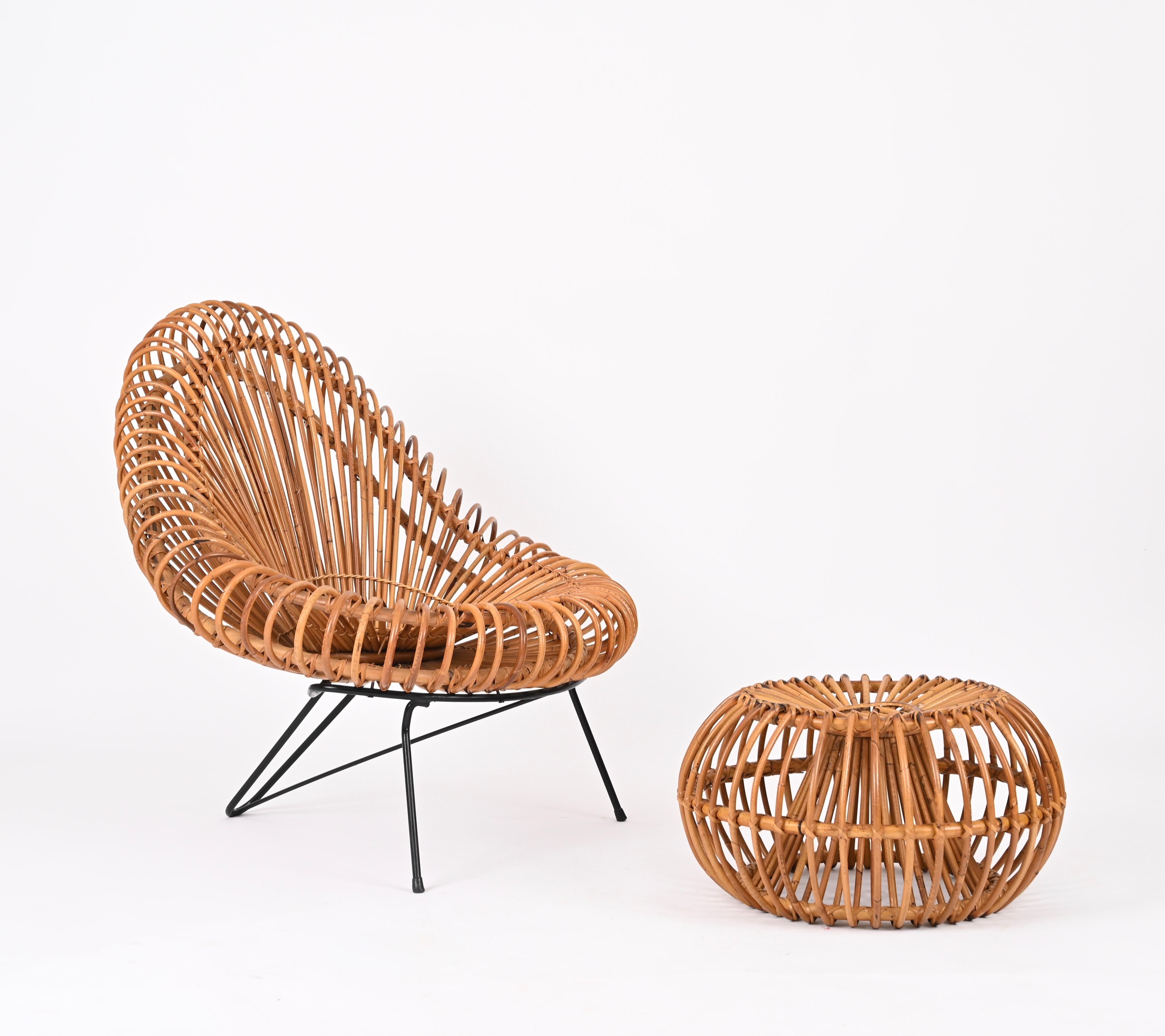 Mid-Century Modern Midcentury Pouf Ottoman by J. Abraham, Curved Rattan and Boucle Fabric, 1950s For Sale