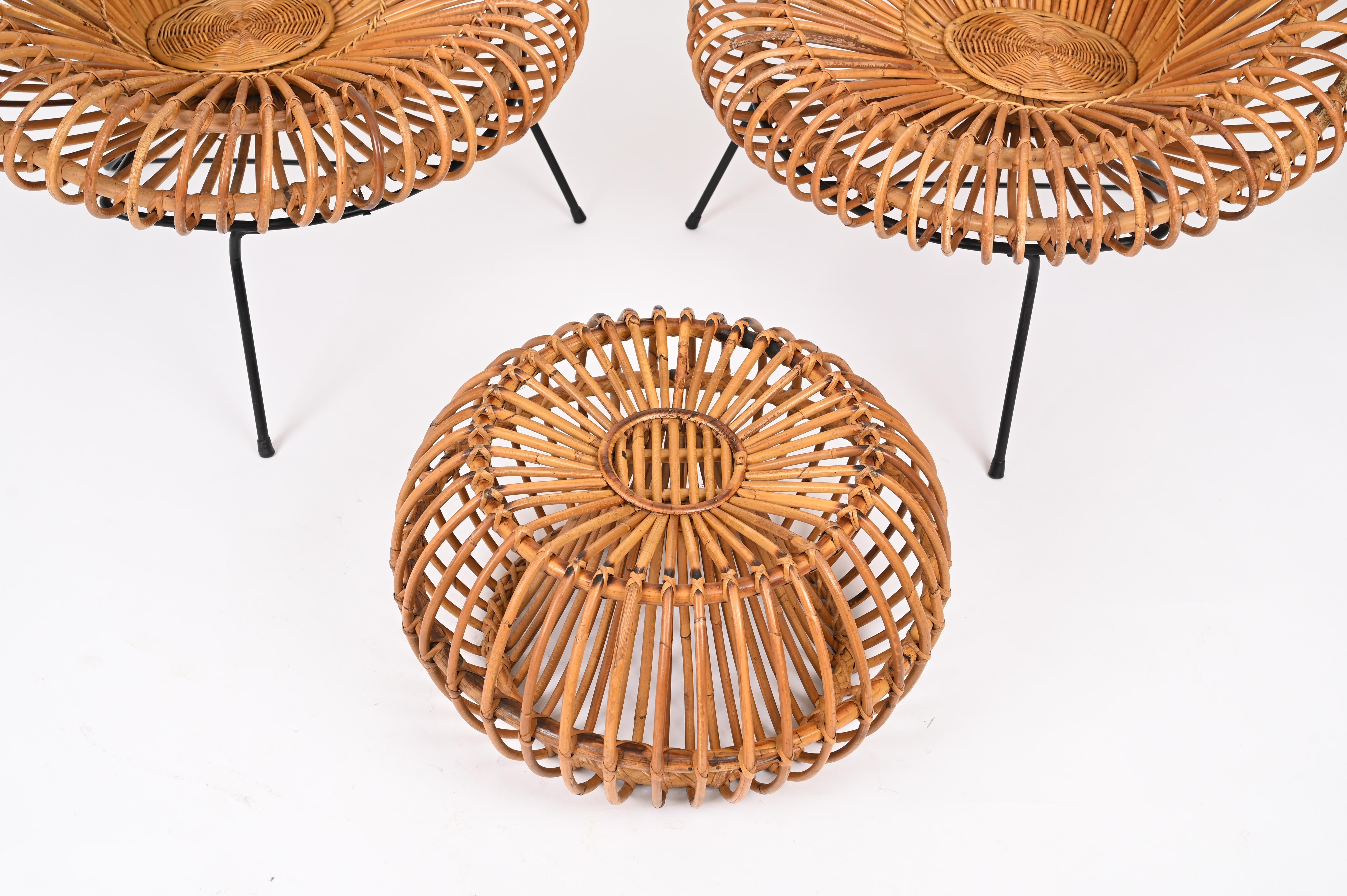 French Midcentury Pouf Ottoman by J. Abraham, Curved Rattan and Boucle Fabric, 1950s For Sale