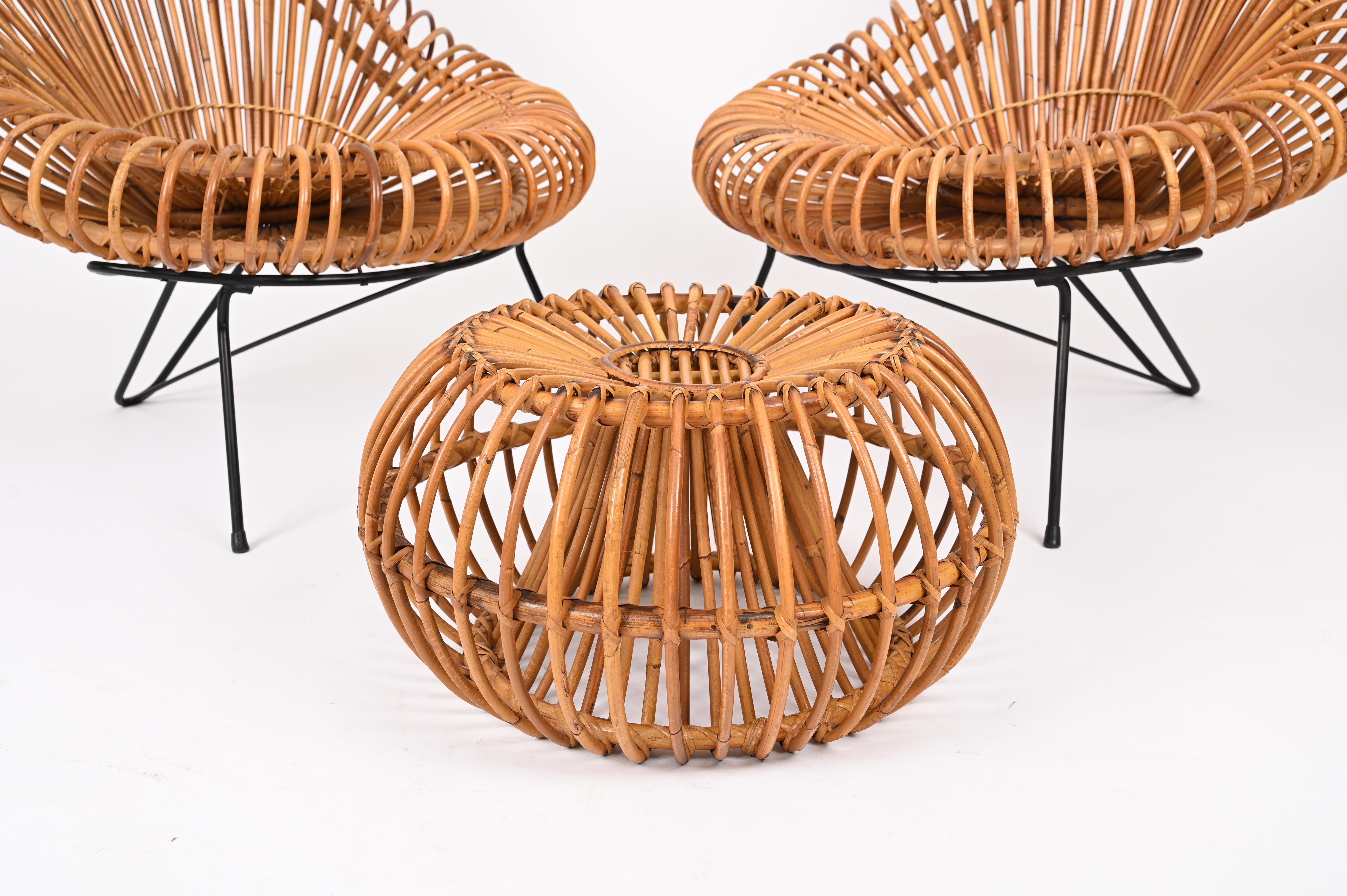 Hand-Crafted Midcentury Pouf Ottoman by J. Abraham, Curved Rattan and Boucle Fabric, 1950s For Sale