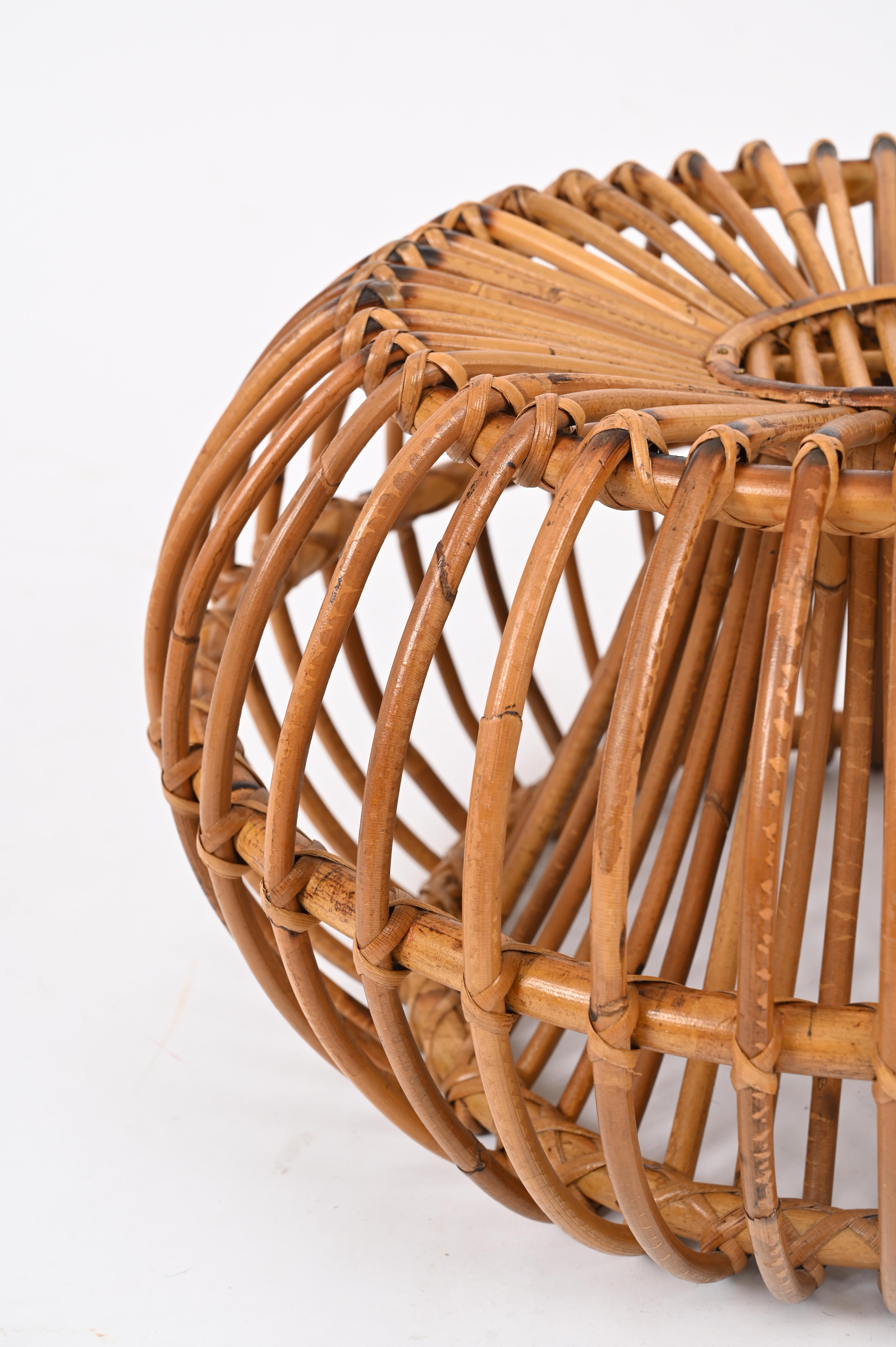 20th Century Midcentury Pouf Ottoman by J. Abraham, Curved Rattan and Boucle Fabric, 1950s For Sale