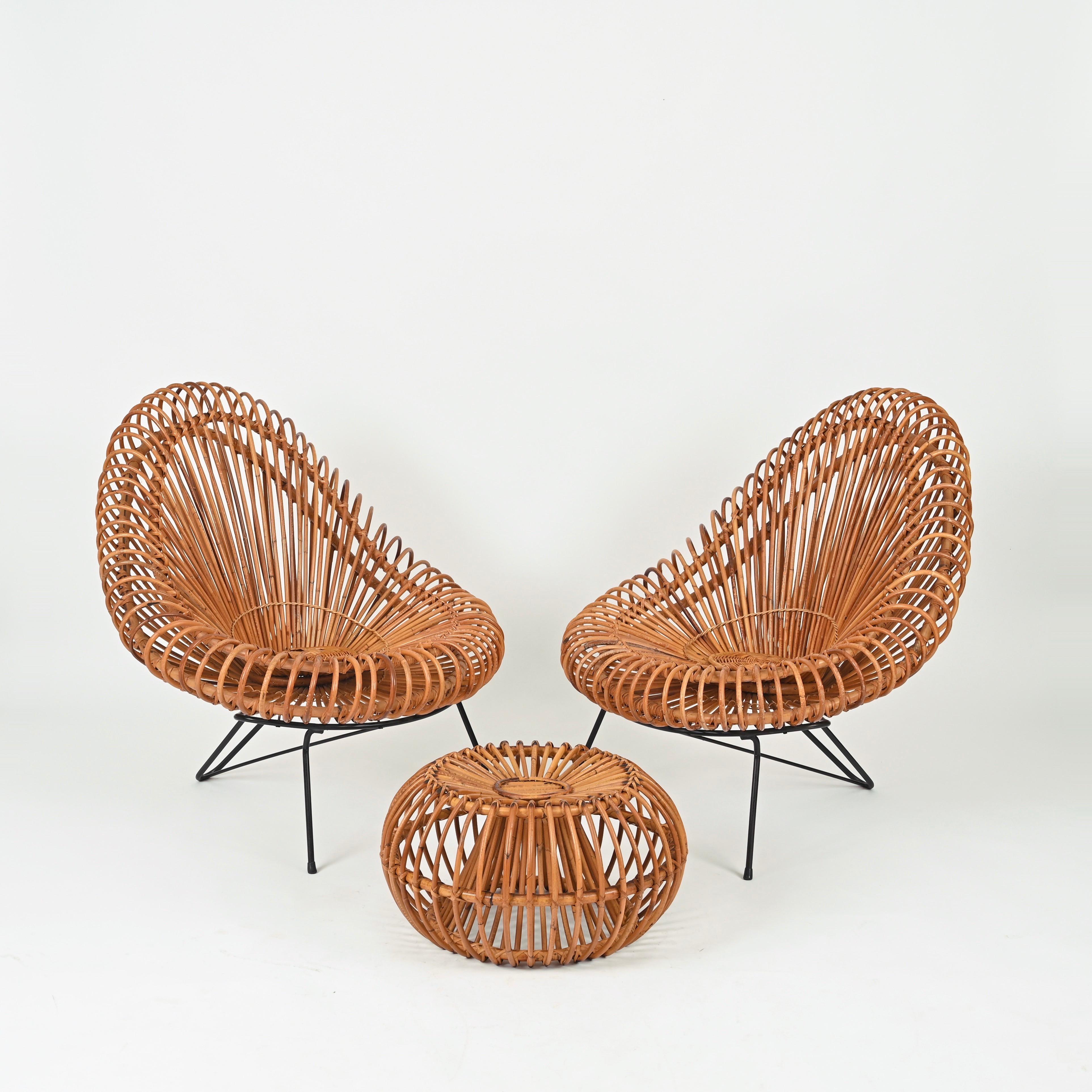Bamboo Midcentury Pouf Ottoman by J. Abraham, Curved Rattan and Boucle Fabric, 1950s For Sale
