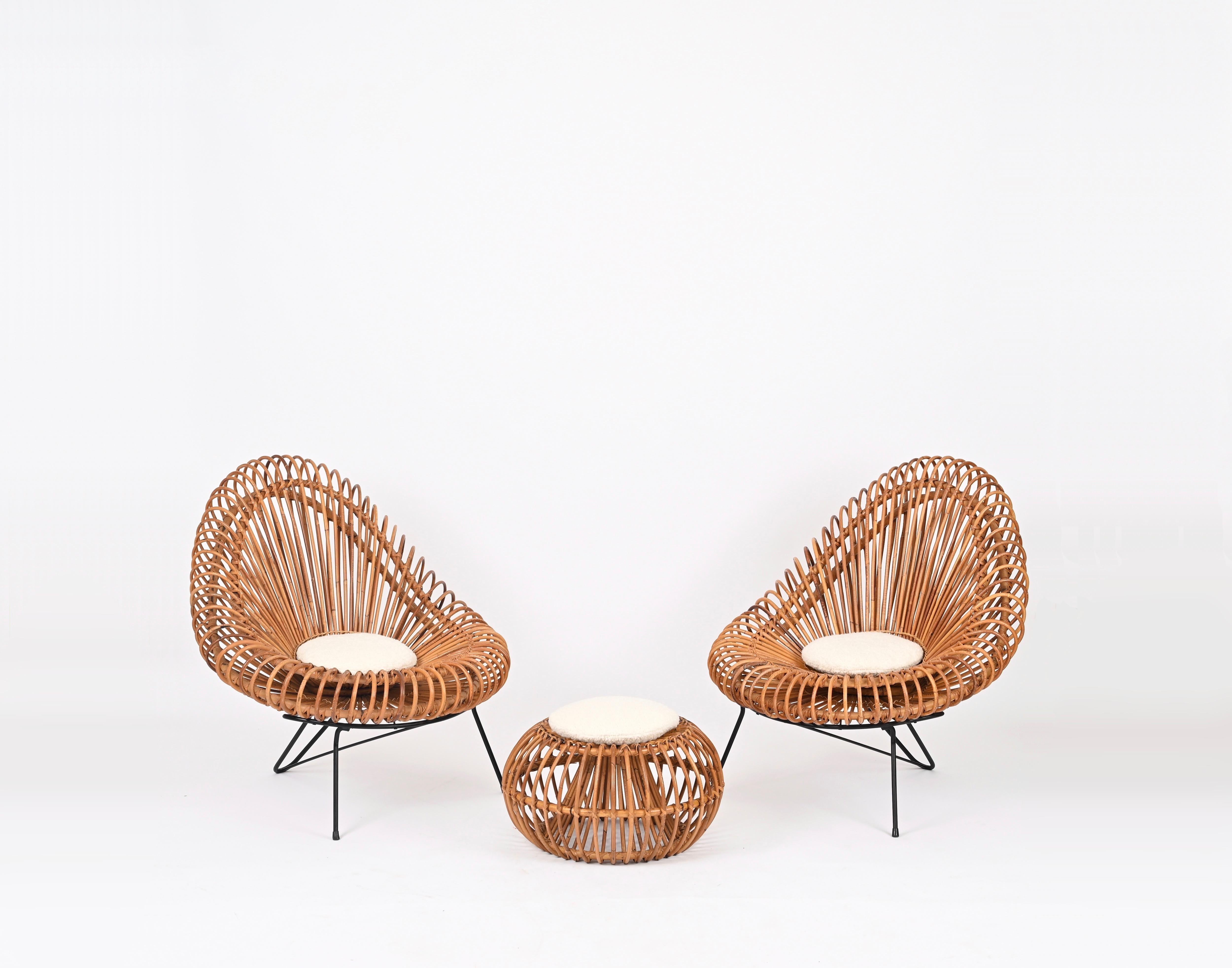 Midcentury Pouf Ottoman by J. Abraham, Curved Rattan and Boucle Fabric, 1950s For Sale 1