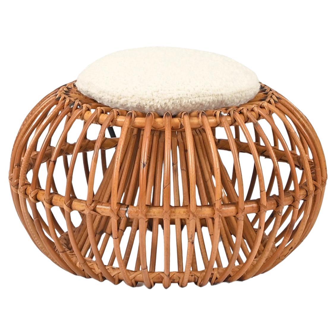 Midcentury Pouf Ottoman by J. Abraham, Curved Rattan and Boucle Fabric, 1950s