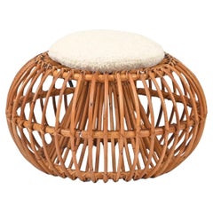 Midcentury Pouf Ottoman by J. Abraham, Curved Rattan and Boucle Fabric, 1950s