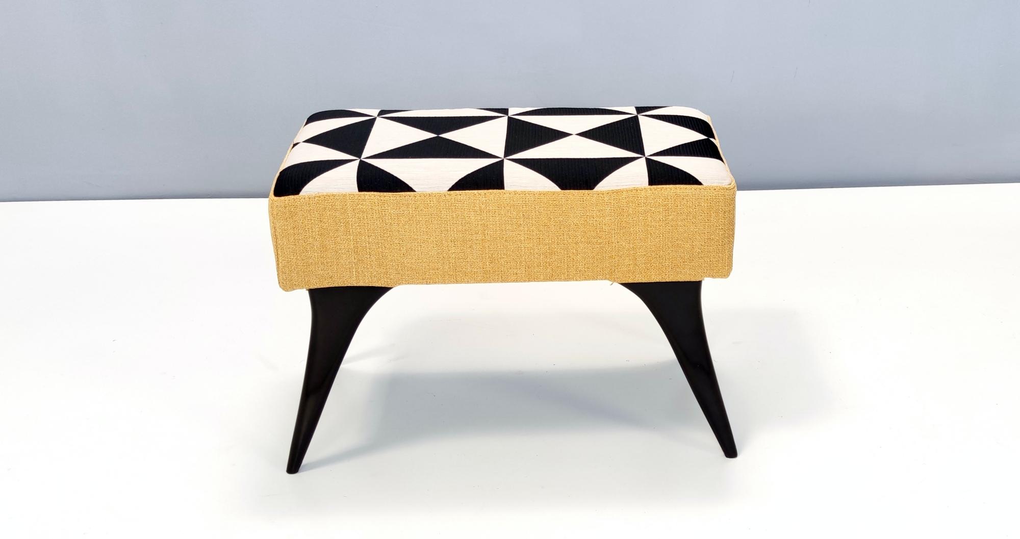 Italian Midcentury Pouf with Black, White and Yellow Fabric, Italy